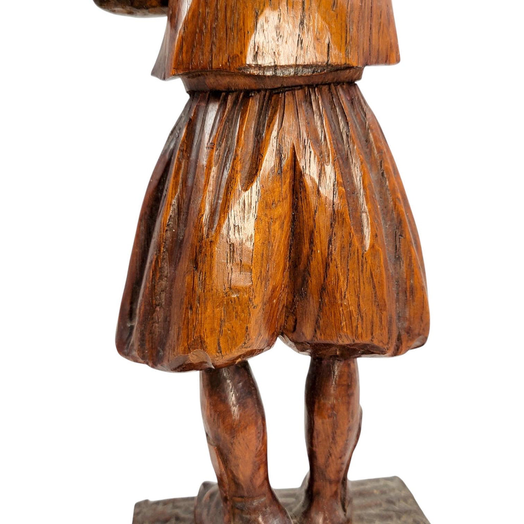 Antique Black Forest oak Pied Piper statue, 19th century German hand-carved folklore figure, detailed wood sculpture home decor