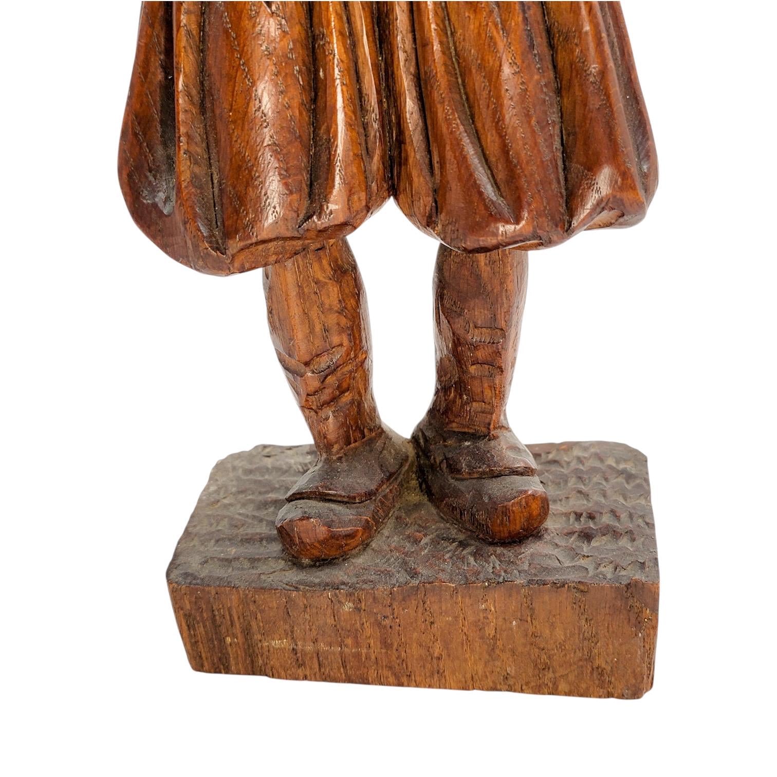 Antique Black Forest oak Pied Piper statue, 19th century German hand-carved folklore figure, detailed wood sculpture home decor