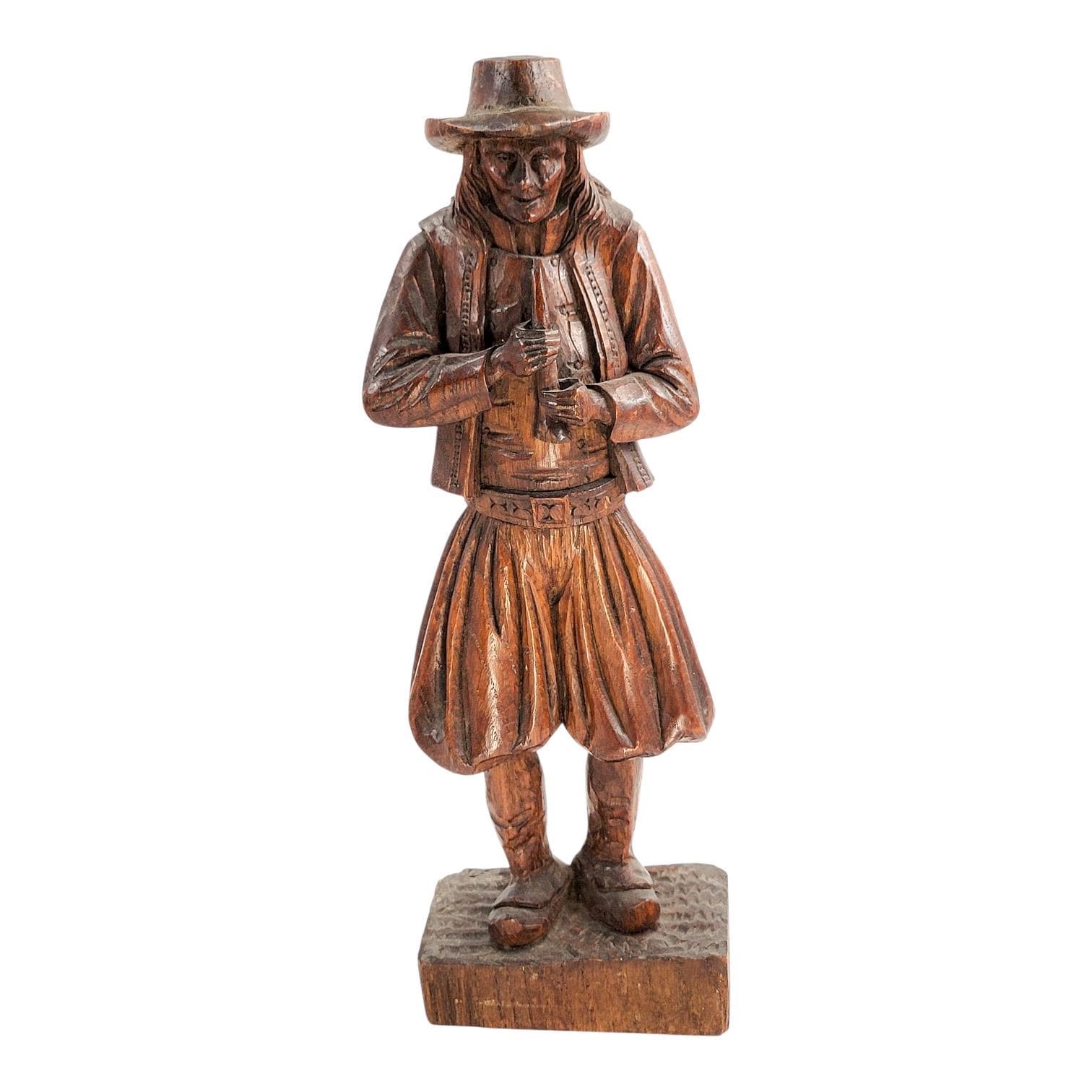 Antique Black Forest oak Pied Piper statue, 19th century German hand-carved folklore figure, detailed wood sculpture home decor