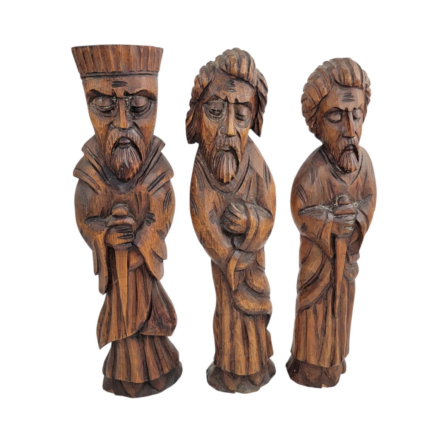 Arts & Crafts carved wood saints set by Franz Keller, early 20th century signed German religious figures, complete collectible group