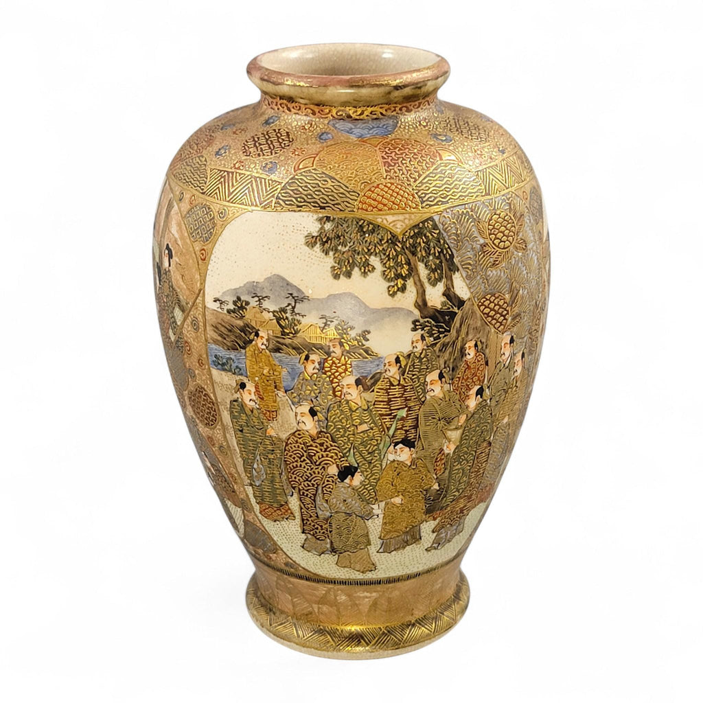 Antique Satsuma vase Meiji period by Gyokuzan, hand painted court figures, raised gilt moriage, Kyoto Japanese decorative pottery