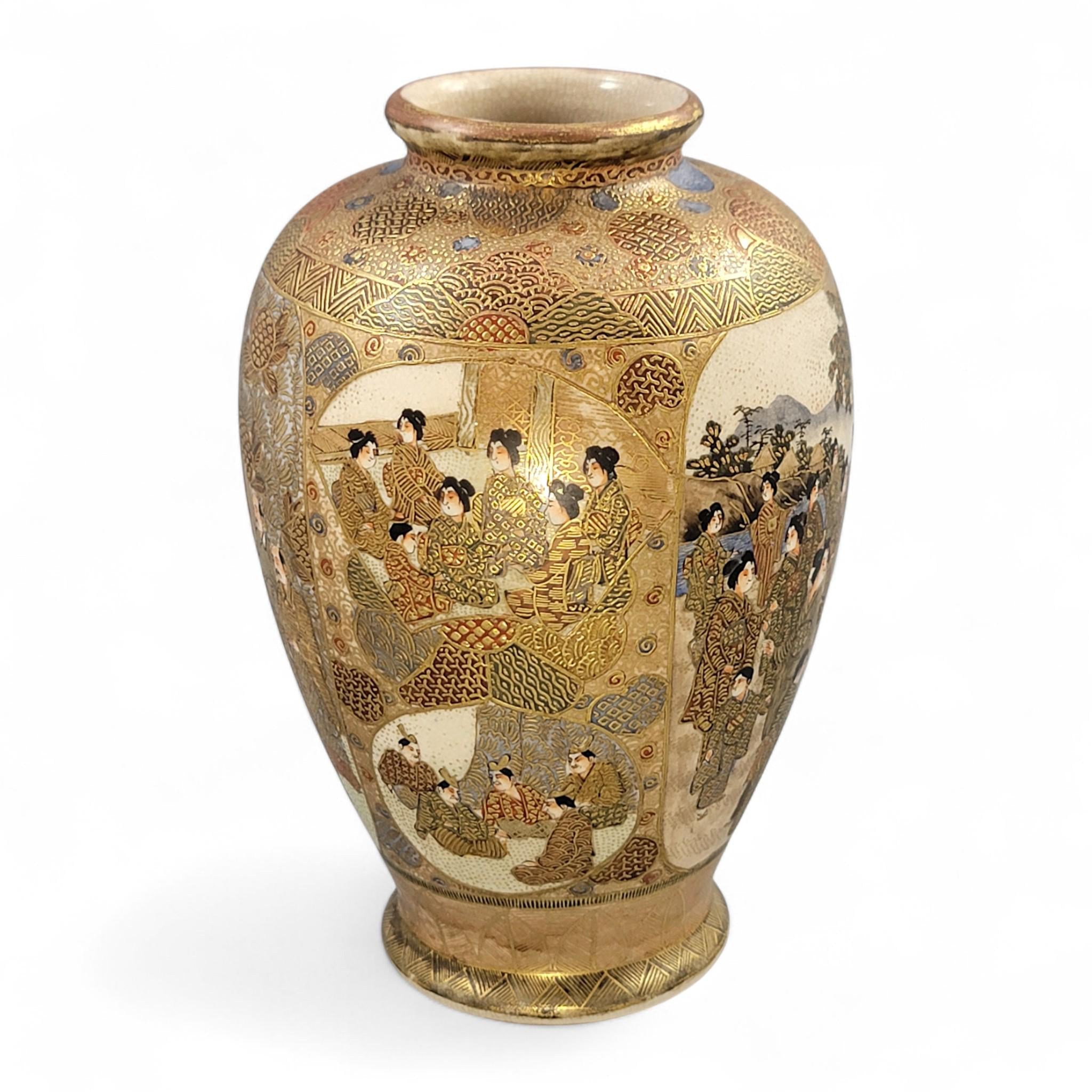 Antique Satsuma vase Meiji period by Gyokuzan, hand painted court figures, raised gilt moriage, Kyoto Japanese decorative pottery