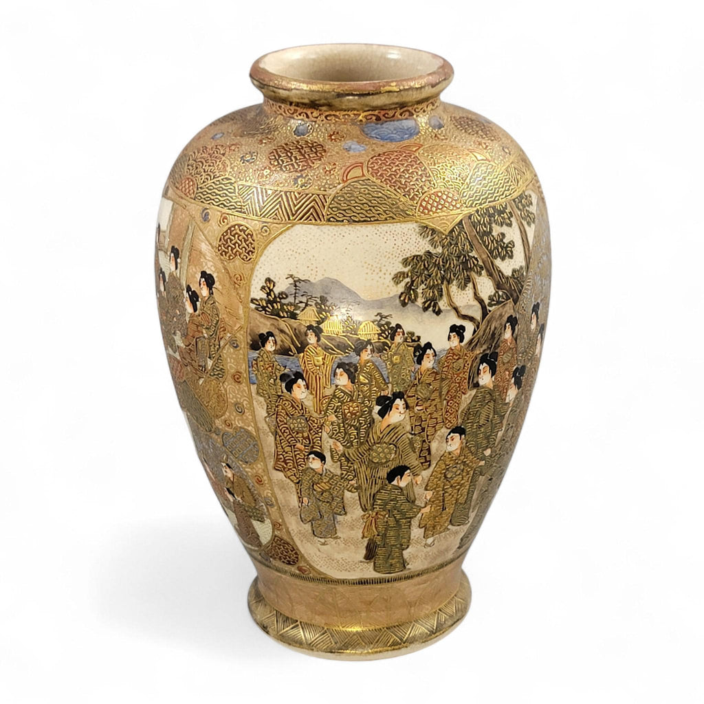 Antique Satsuma vase Meiji period by Gyokuzan, hand painted court figures, raised gilt moriage, Kyoto Japanese decorative pottery