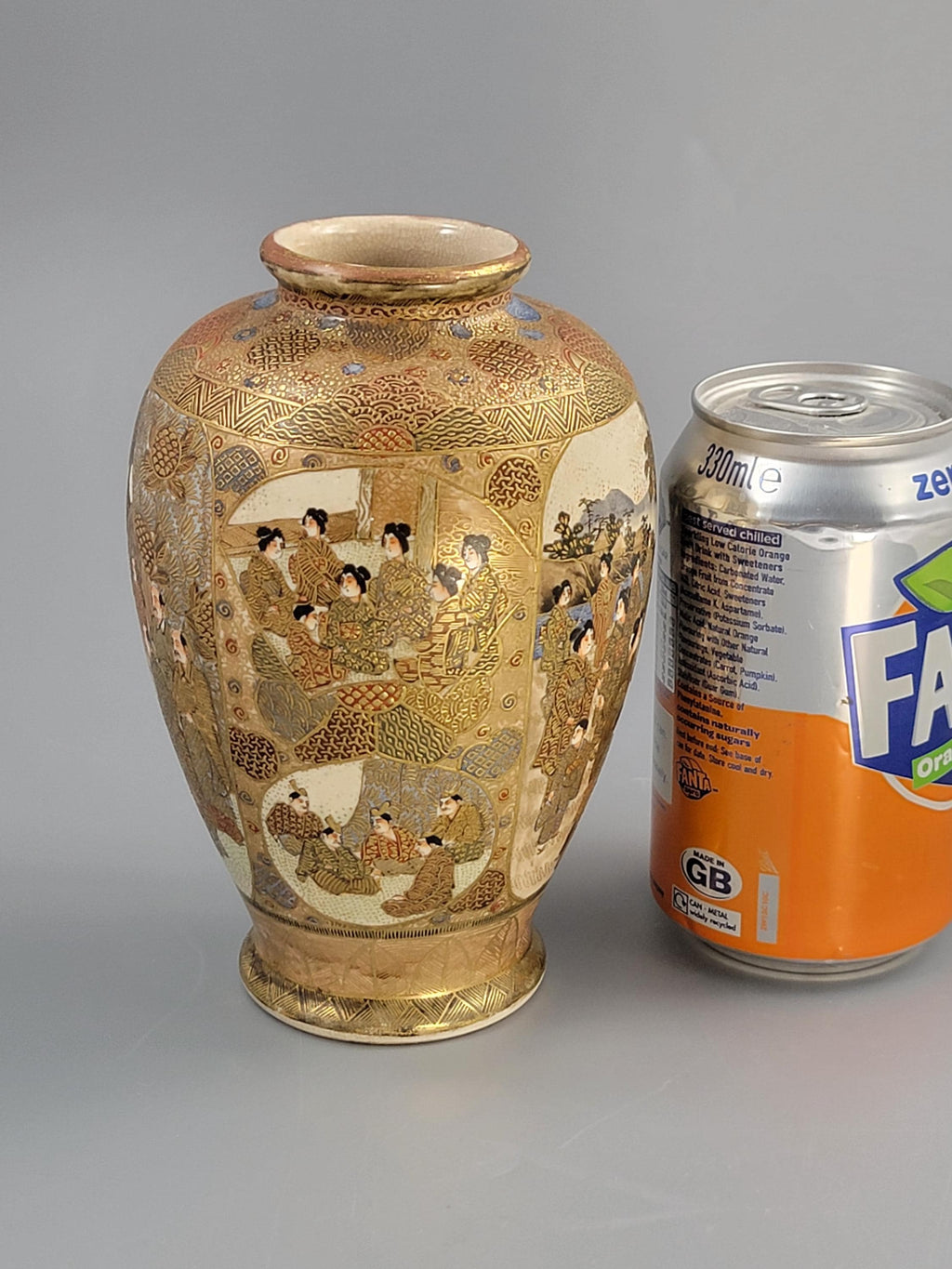 Antique Satsuma vase Meiji period by Gyokuzan, hand painted court figures, raised gilt moriage, Kyoto Japanese decorative pottery