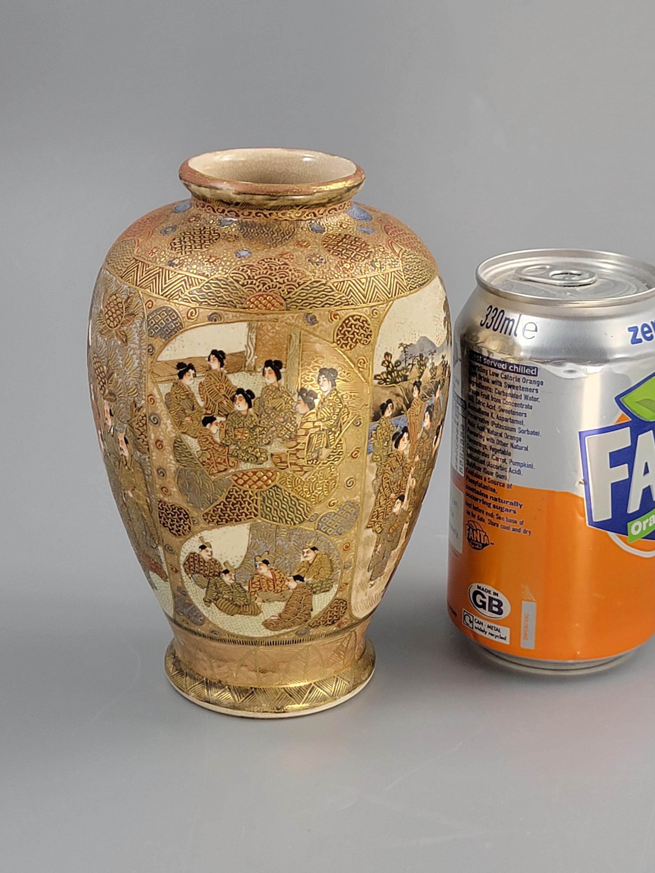 Antique Satsuma vase Meiji period by Gyokuzan, hand painted court figures, raised gilt moriage, Kyoto Japanese decorative pottery