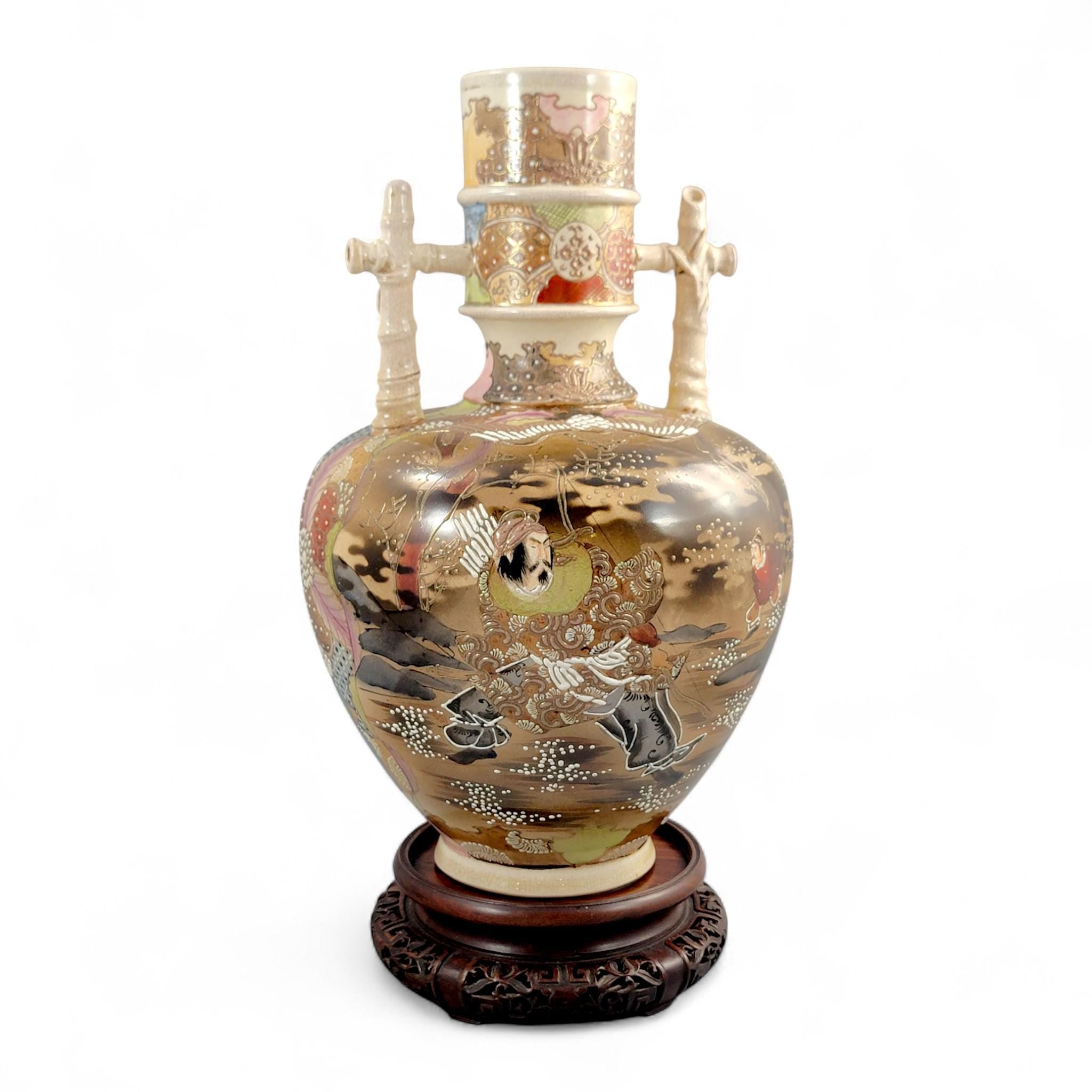 Antique Kinkozan Satsuma samurai vase, rare bamboo handle form, Meiji Japan c. 1875–1885, hand painted moriage, 38 cm, sold with stand