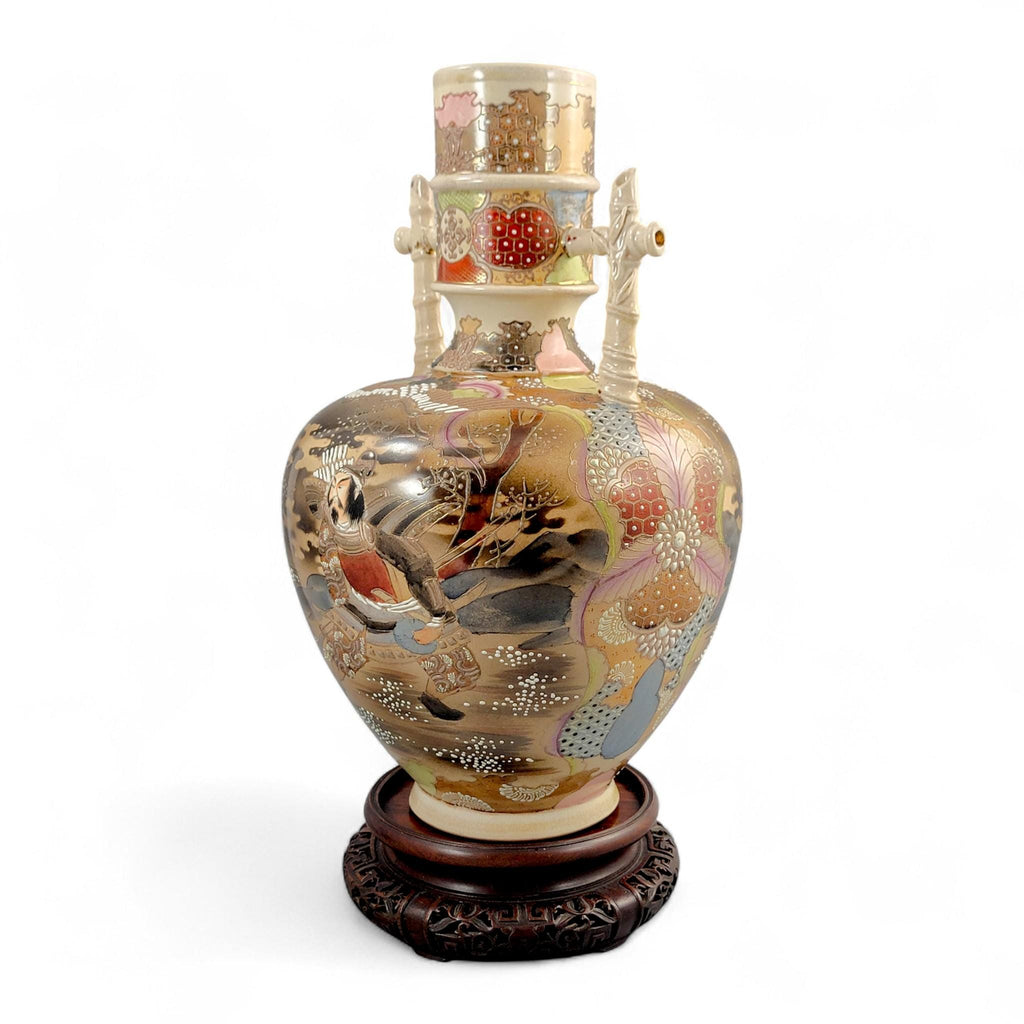 Antique Kinkozan Satsuma samurai vase, rare bamboo handle form, Meiji Japan c. 1875–1885, hand painted moriage, 38 cm, sold with stand