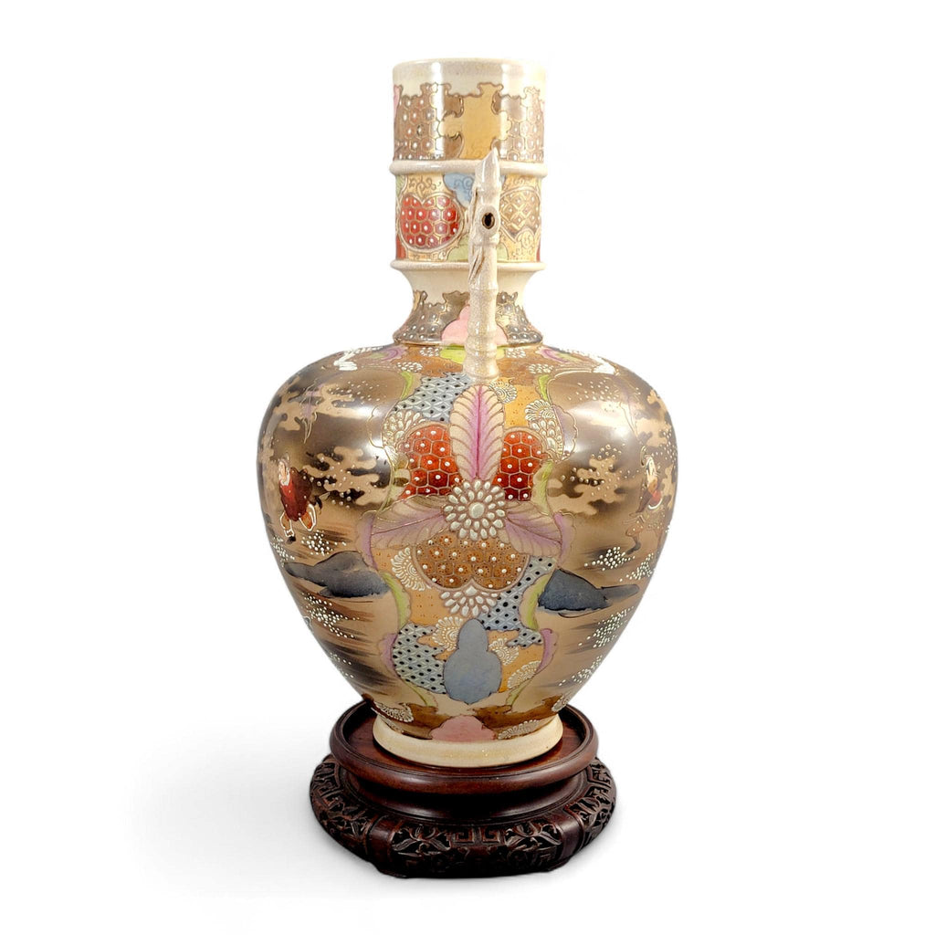 Antique Kinkozan Satsuma samurai vase, rare bamboo handle form, Meiji Japan c. 1875–1885, hand painted moriage, 38 cm, sold with stand