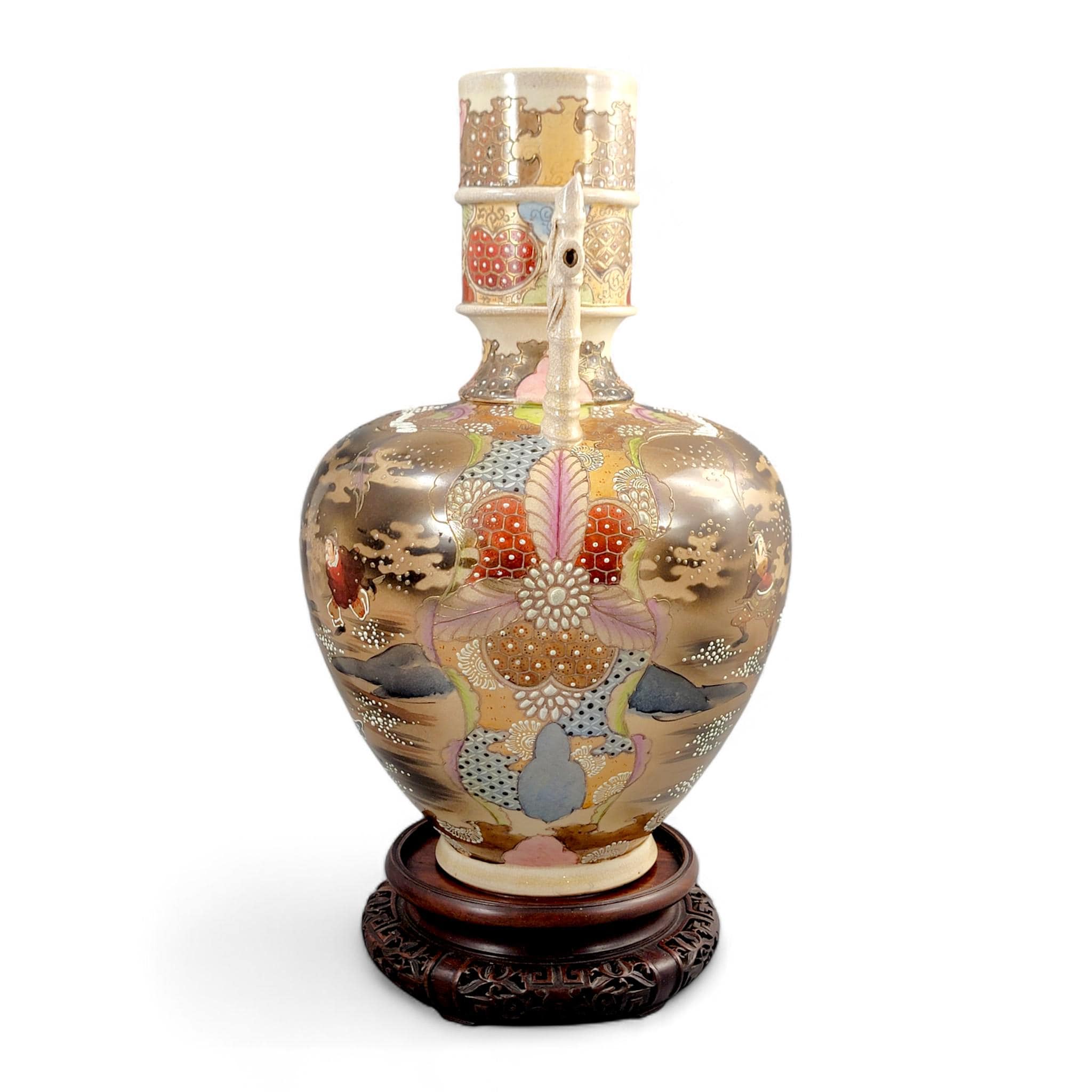 Antique Kinkozan Satsuma samurai vase, rare bamboo handle form, Meiji Japan c. 1875–1885, hand painted moriage, 38 cm, sold with stand