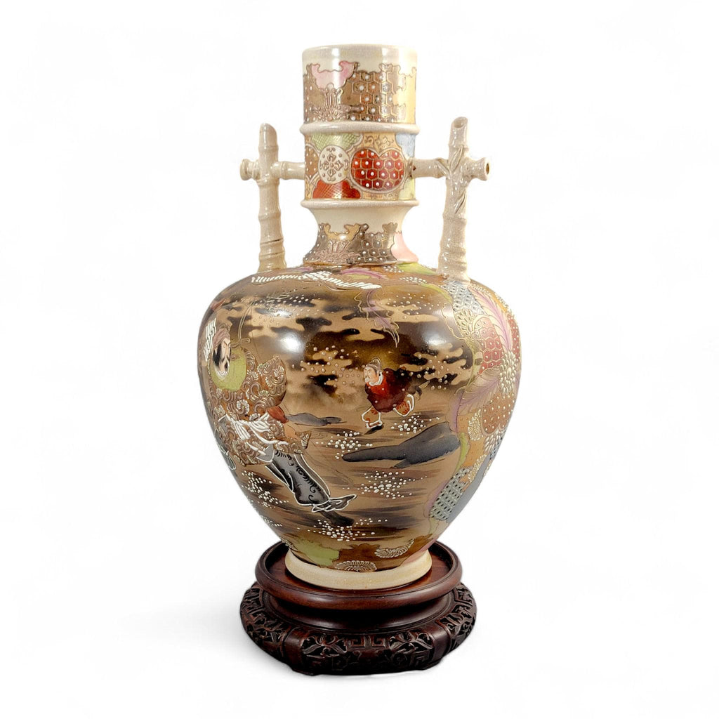Antique Kinkozan Satsuma samurai vase, rare bamboo handle form, Meiji Japan c. 1875–1885, hand painted moriage, 38 cm, sold with stand