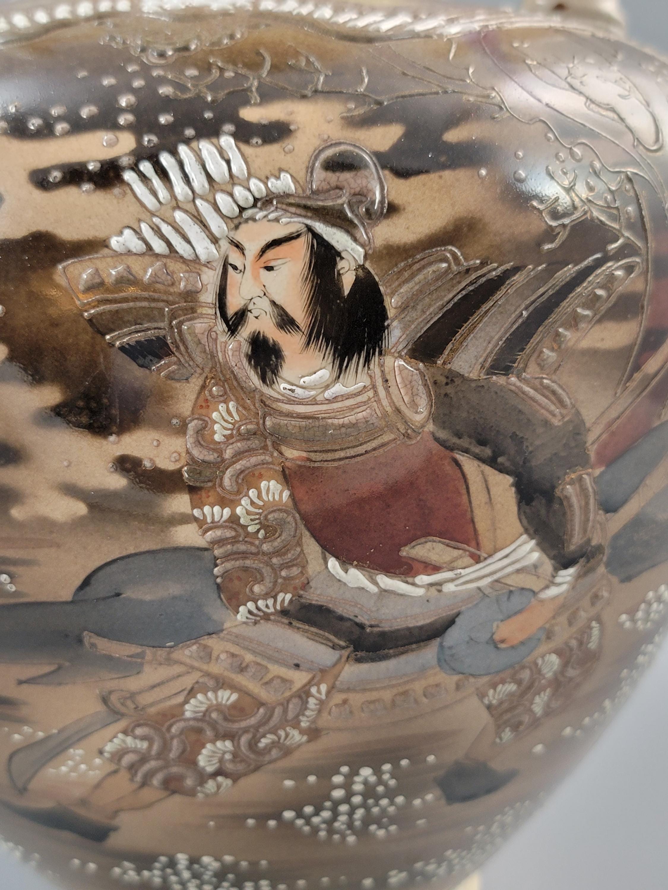 Antique Kinkozan Satsuma samurai vase, rare bamboo handle form, Meiji Japan c. 1875–1885, hand painted moriage, 38 cm, sold with stand