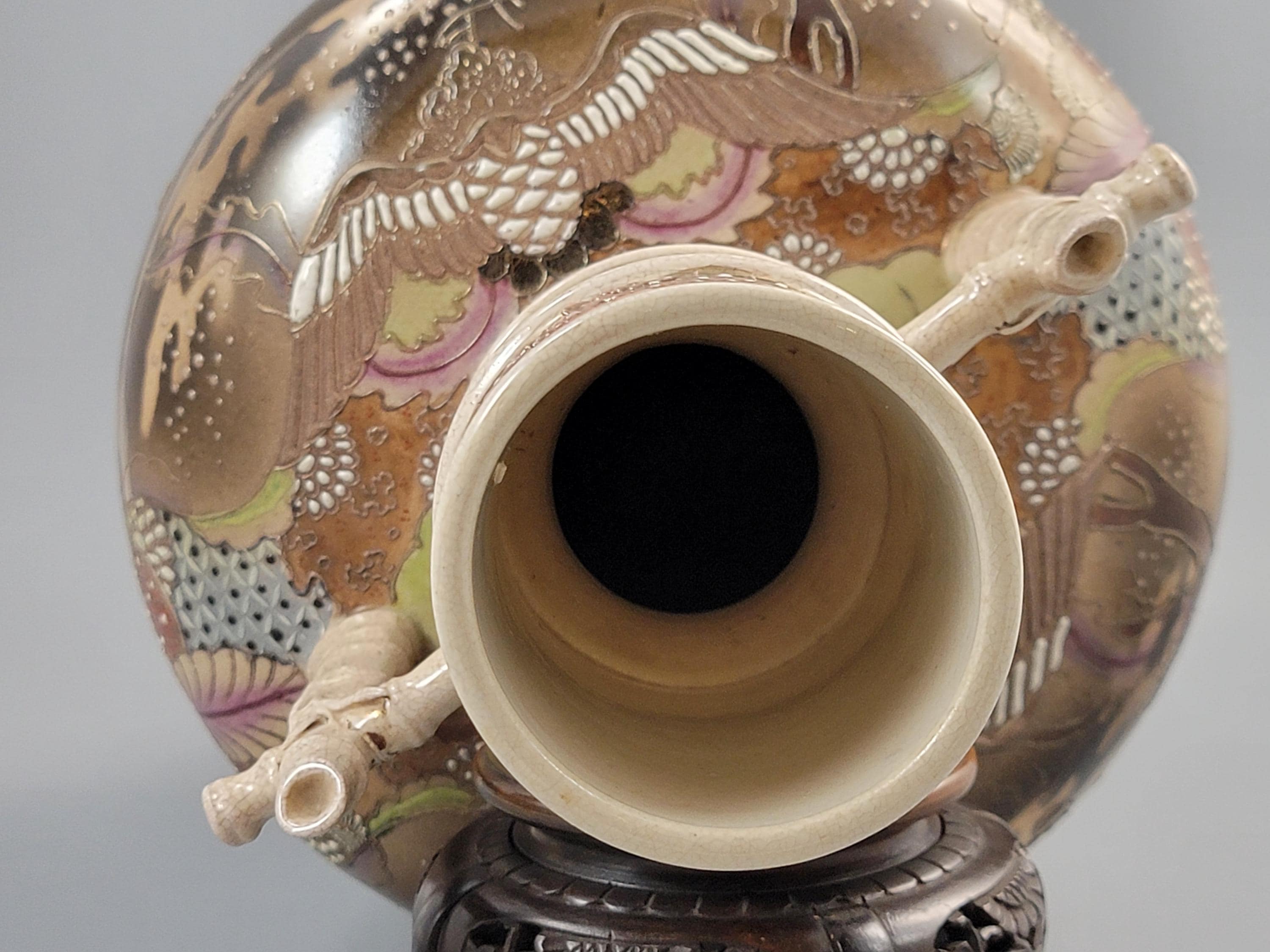 Antique Kinkozan Satsuma samurai vase, rare bamboo handle form, Meiji Japan c. 1875–1885, hand painted moriage, 38 cm, sold with stand