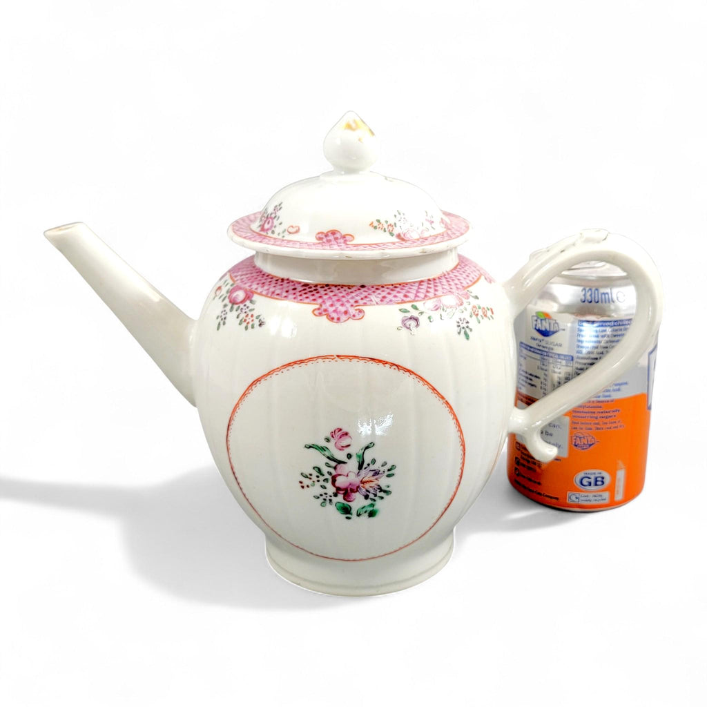 Antique Chinese export famille rose teapot, Qianlong period c.1740–60, floral rococo pink trellis, porcelain hand-painted tea ware