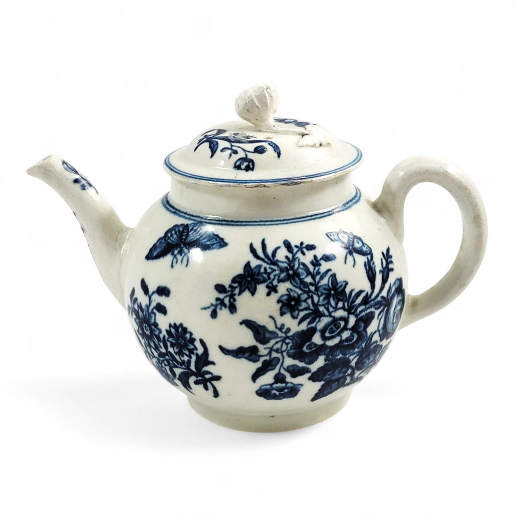 First Period Worcester Porcelain Teapot, Fence Pattern, c.1760, Blue Crescent Mark