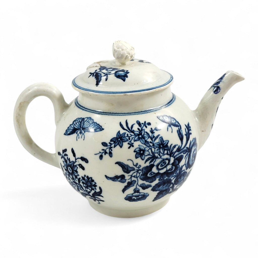 First Period Worcester Porcelain Teapot, Fence Pattern, c.1760, Blue Crescent Mark