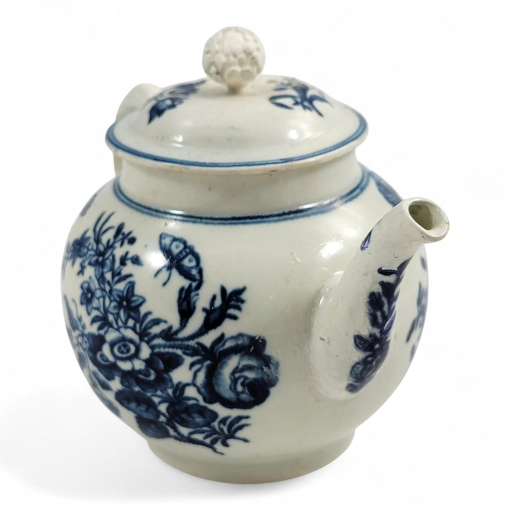 First Period Worcester Porcelain Teapot, Fence Pattern, c.1760, Blue Crescent Mark