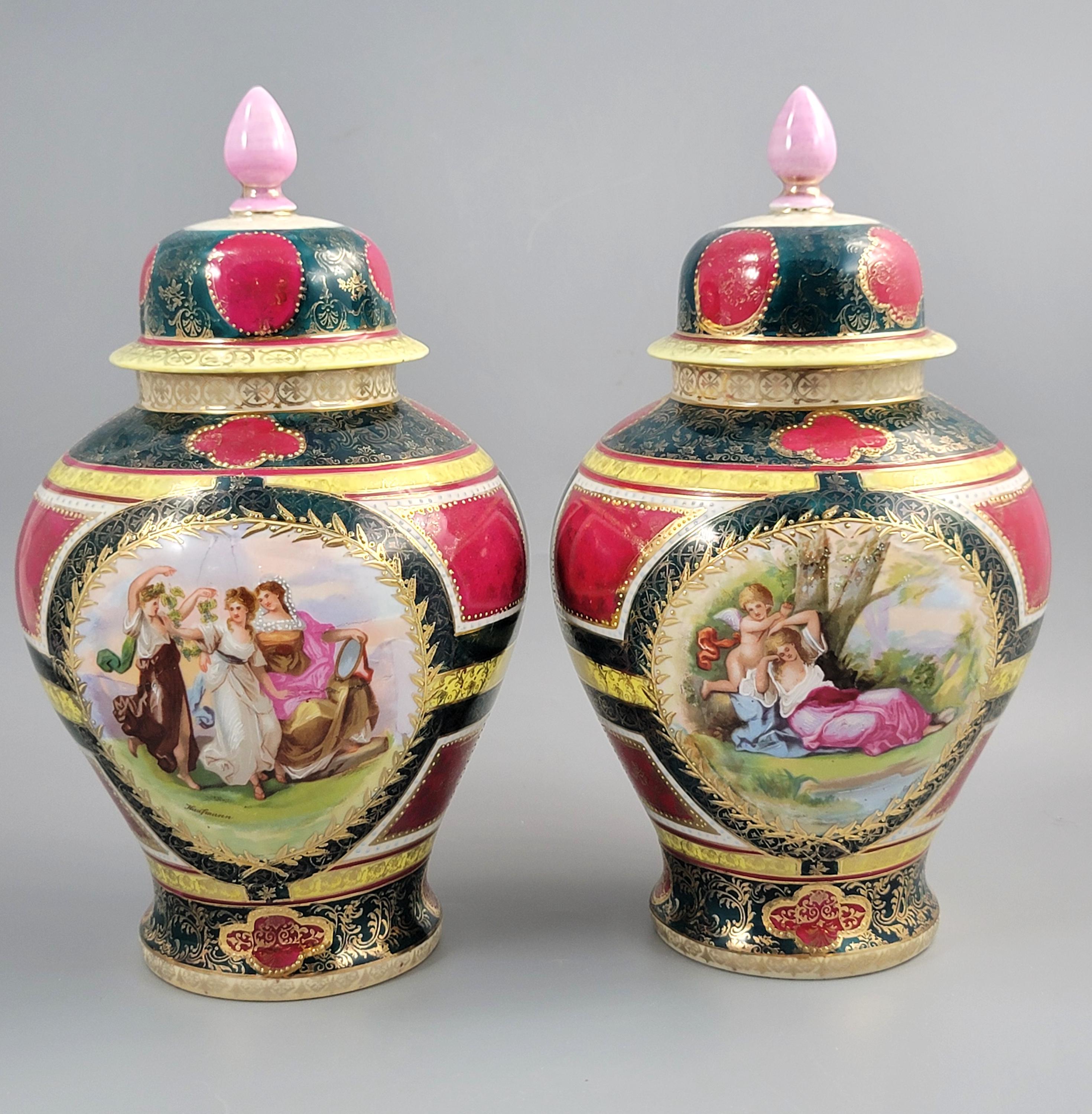 Royal Vienna-Style Pair of Porcelain Covered Vases, c.1880