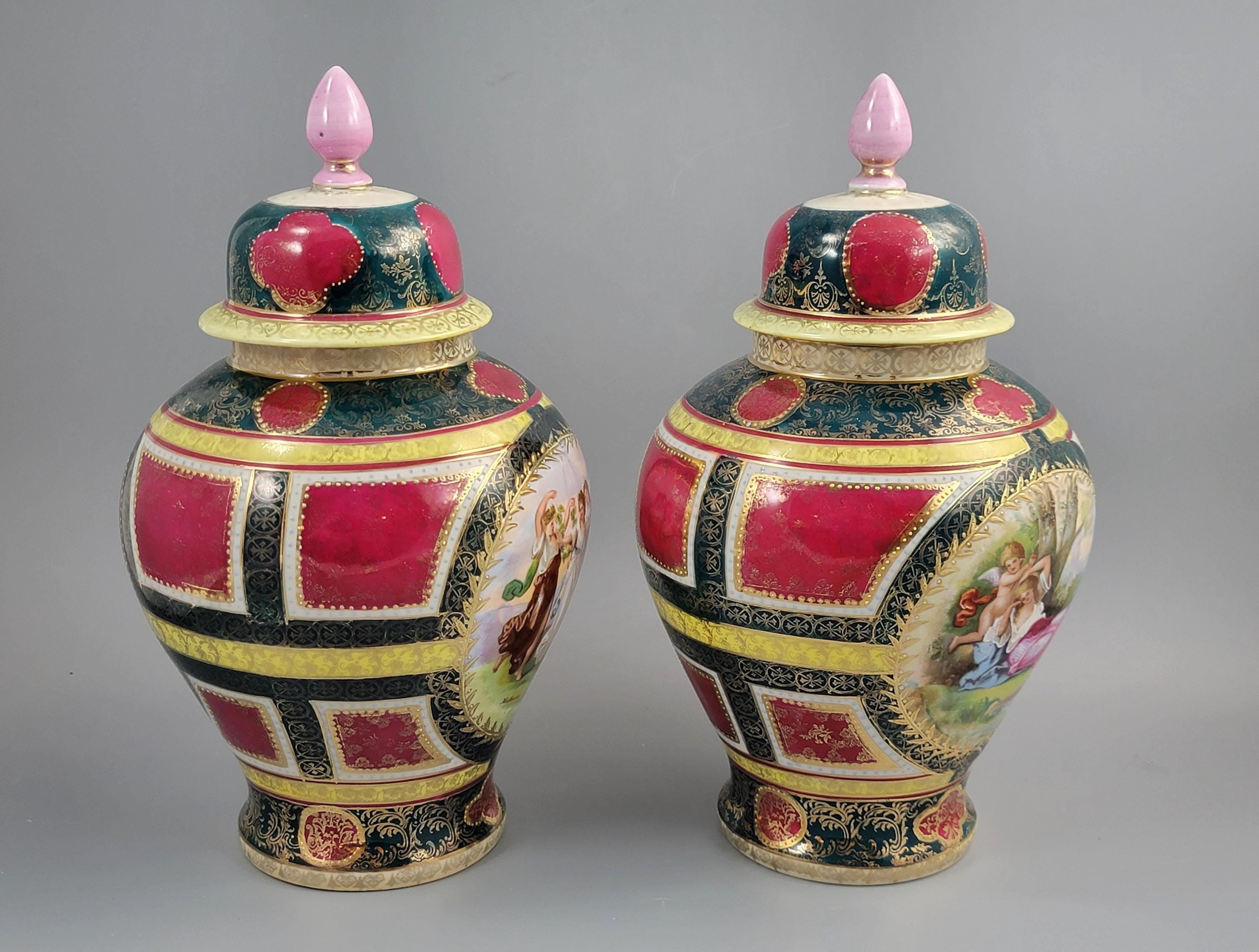 Royal Vienna-Style Pair of Porcelain Covered Vases, c.1880