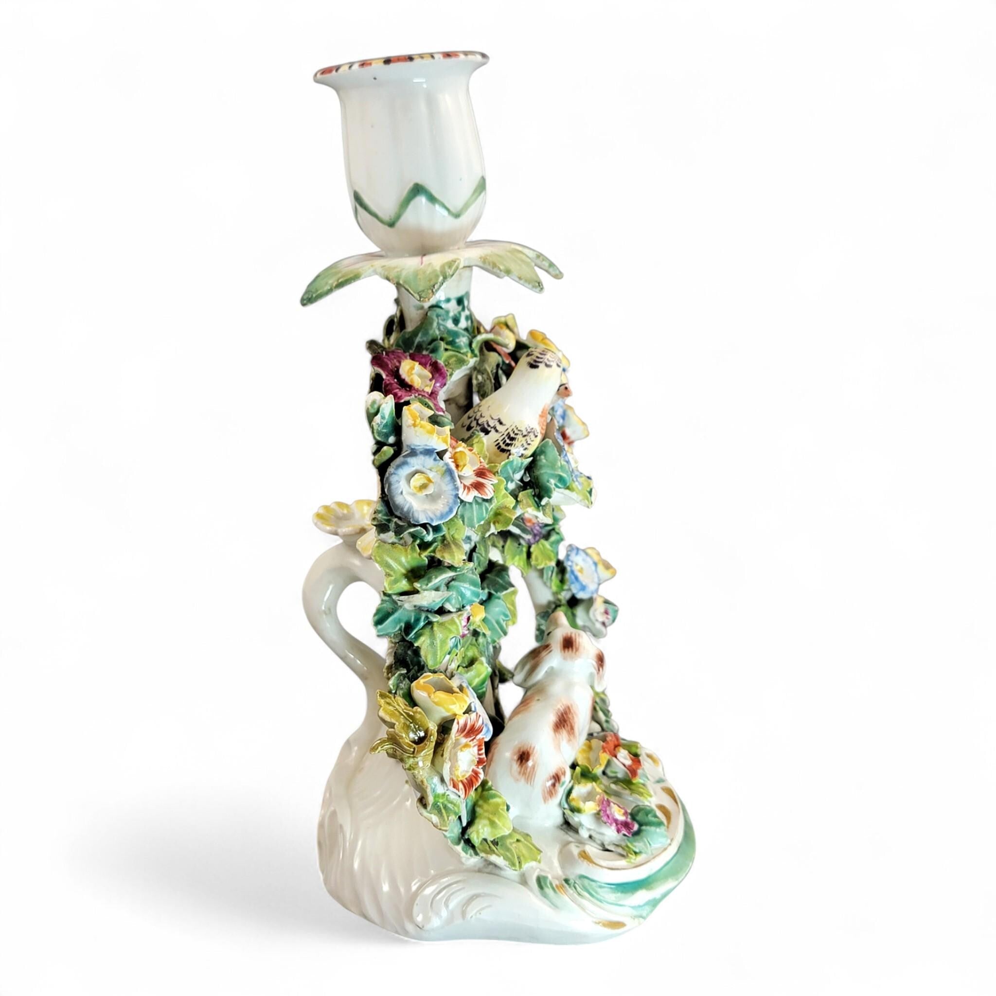 Georgian Derby Porcelain Candlestick “Dog and Birds”, c.1760