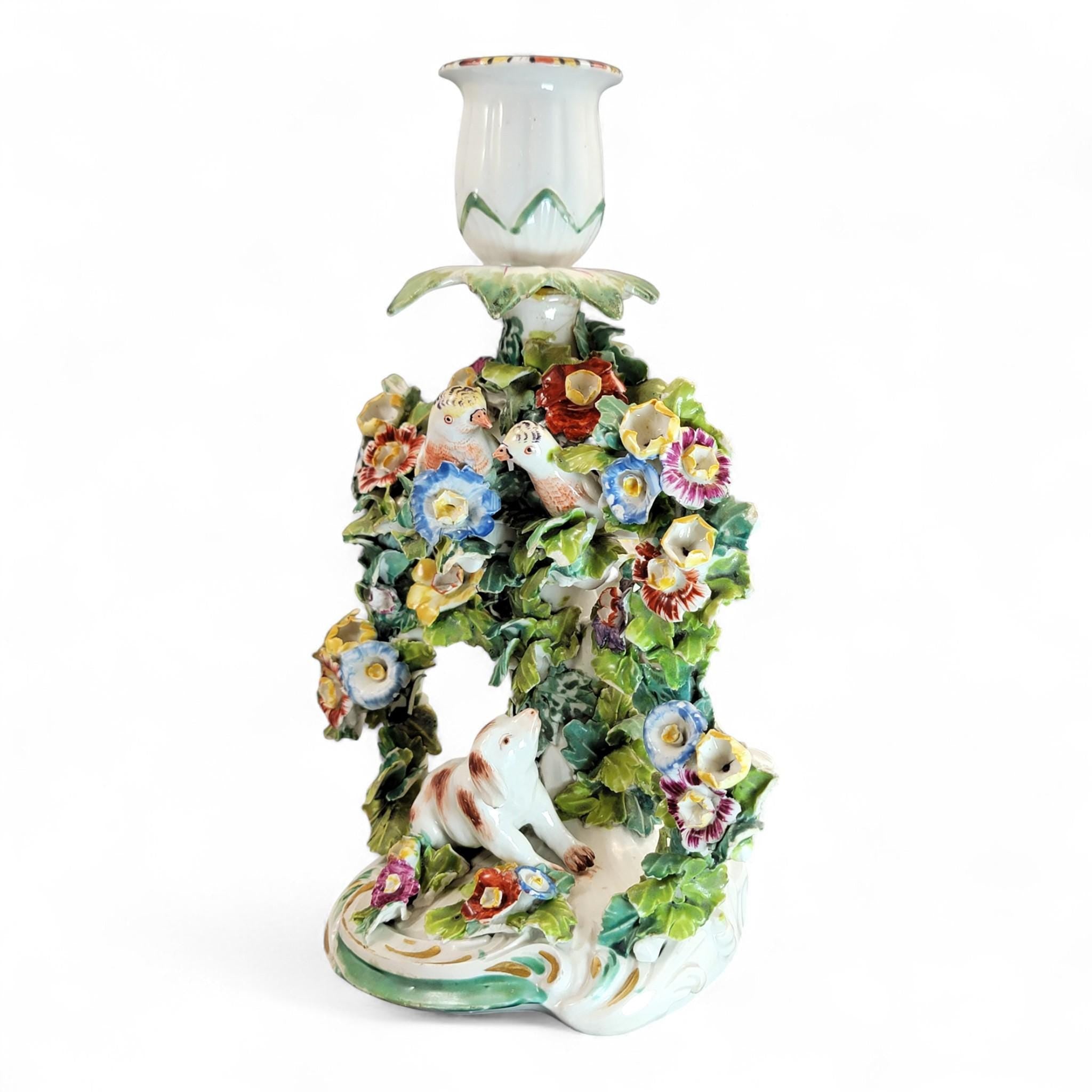 Georgian Derby Porcelain Candlestick “Dog and Birds”, c.1760