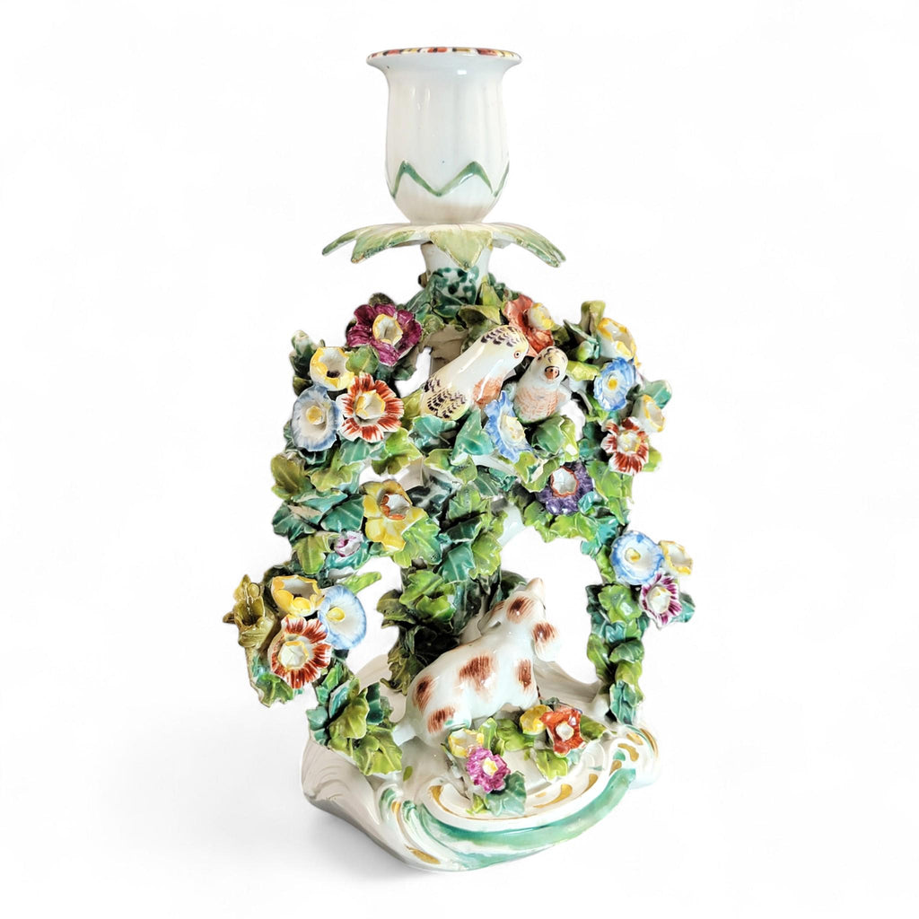 Georgian Derby Porcelain Candlestick “Dog and Birds”, c.1760