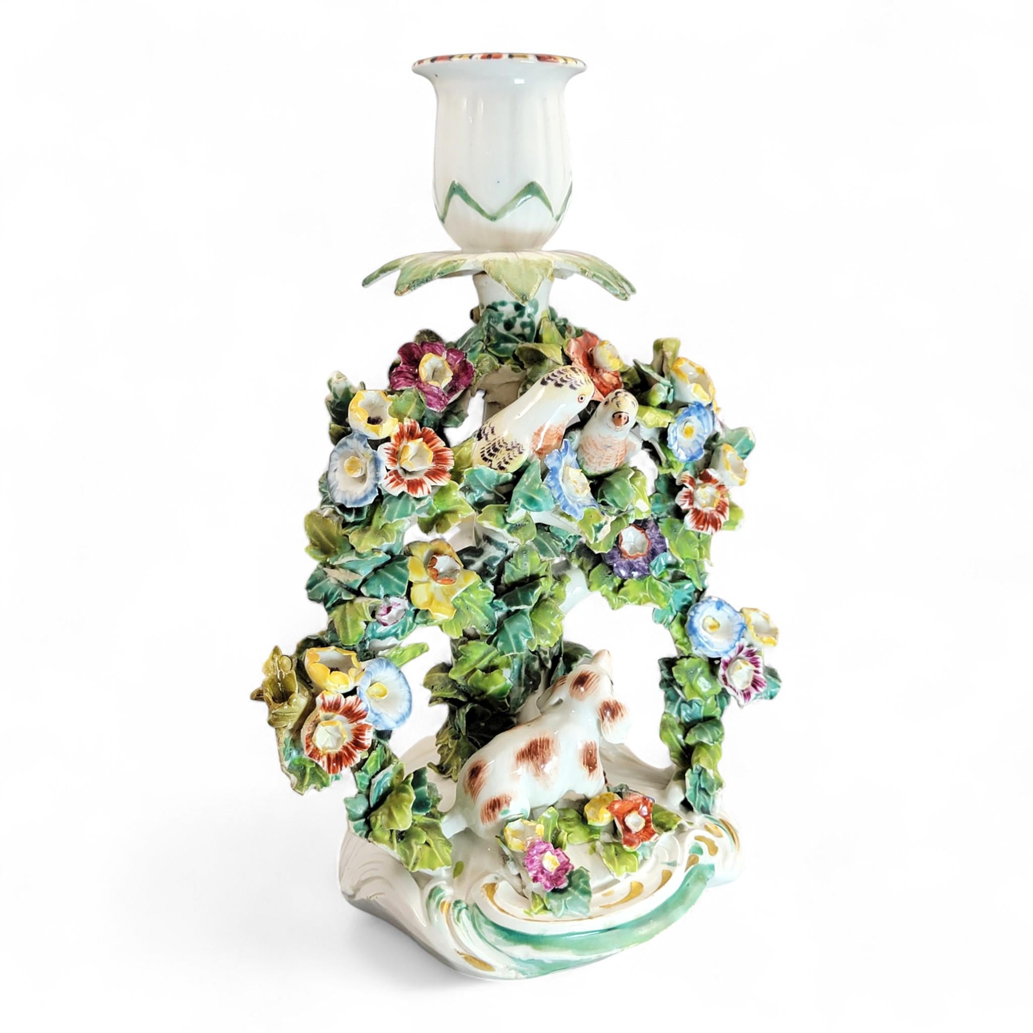Georgian Derby Porcelain Candlestick “Dog and Birds”, c.1760