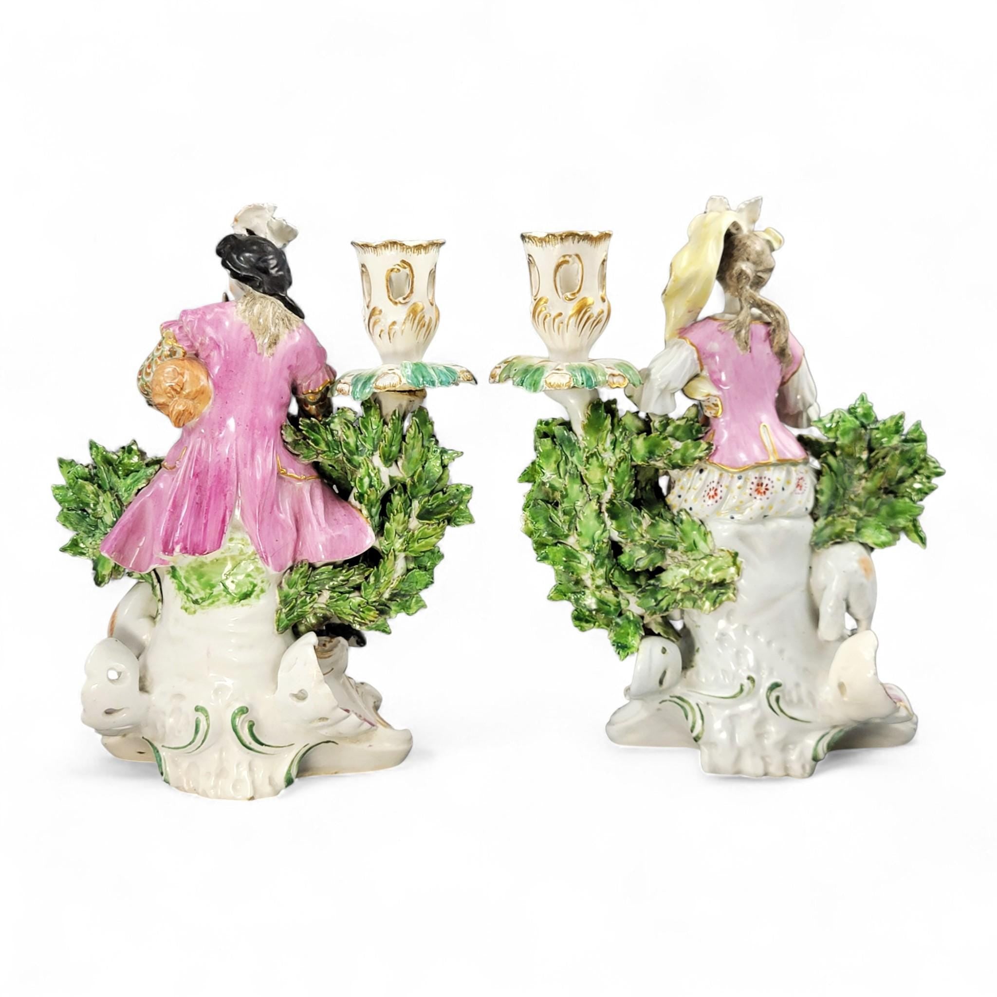 Rare Georgian Derby candlestick pair “Mandolin & Bagpipe Players”, c.1760