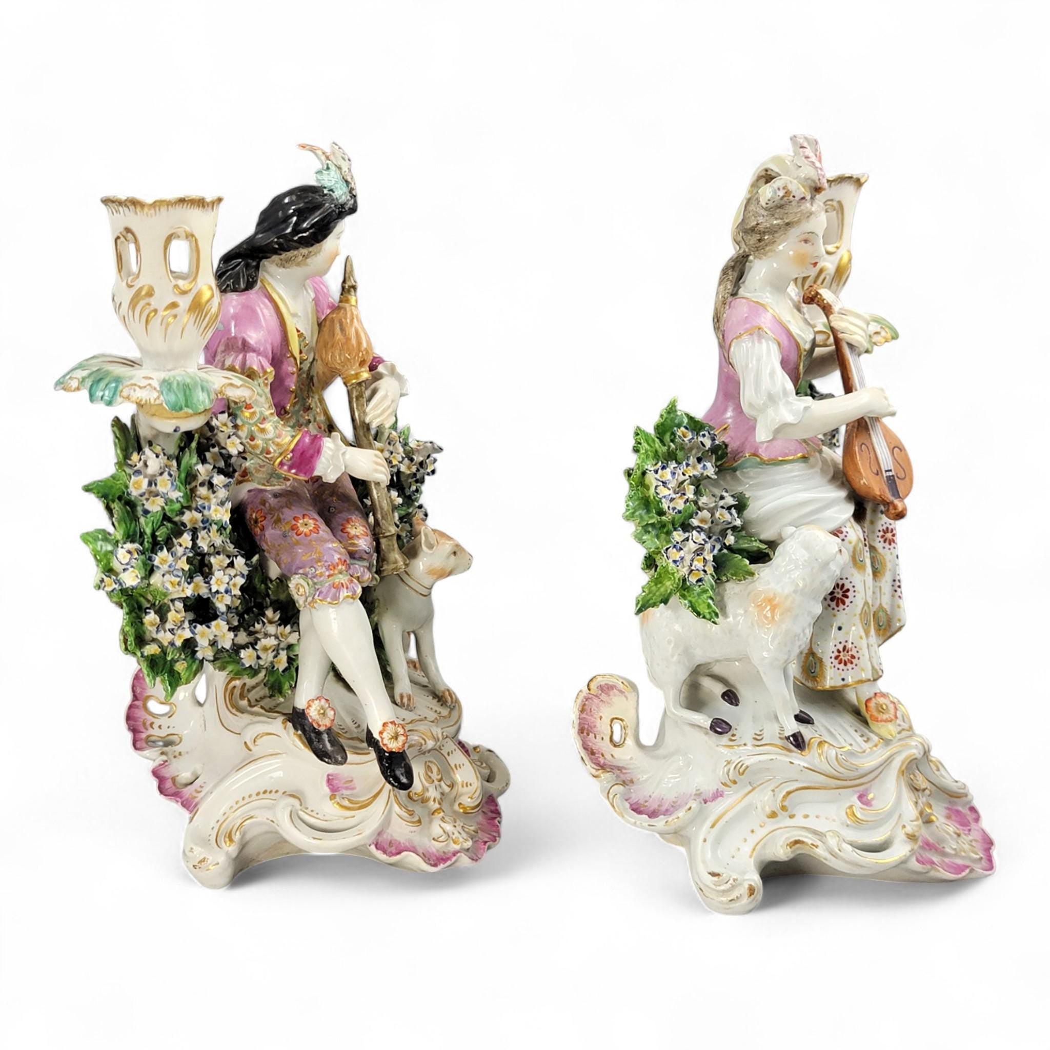 Rare Georgian Derby candlestick pair “Mandolin & Bagpipe Players”, c.1760