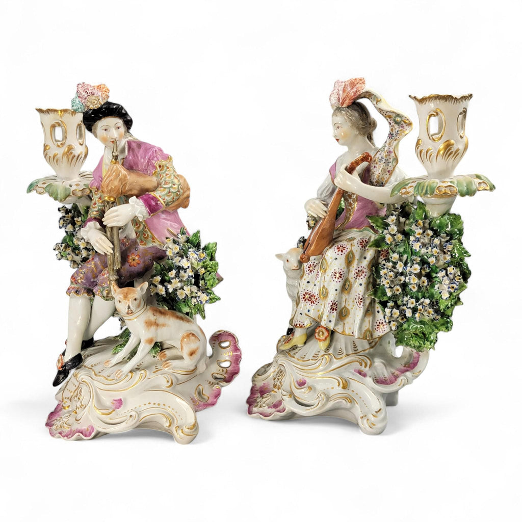 Rare Georgian Derby candlestick pair “Mandolin & Bagpipe Players”, c.1760