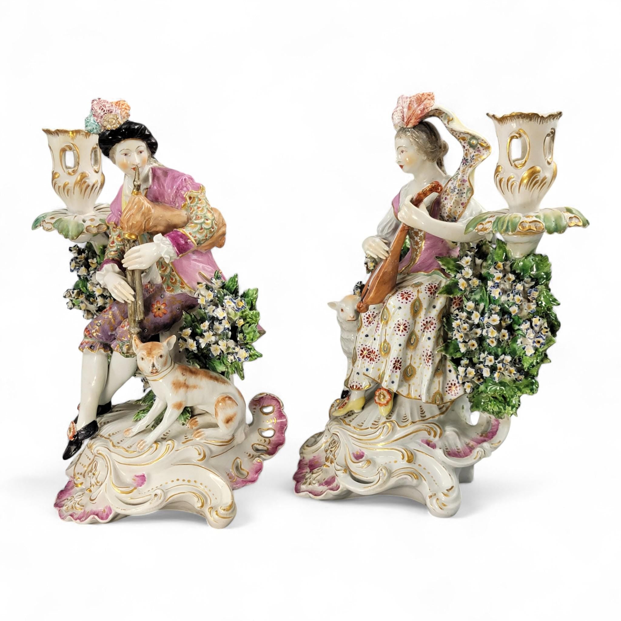 Rare Georgian Derby candlestick pair “Mandolin & Bagpipe Players”, c.1760