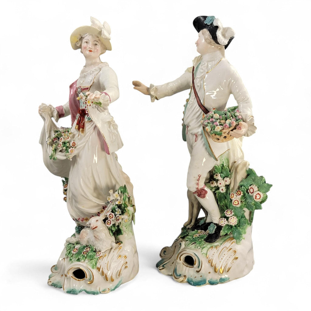 Rare Derby porcelain figures “Dresden Shepherds” c.1760 – William Duesbury, 18th century English rococo pair with lamb and dog