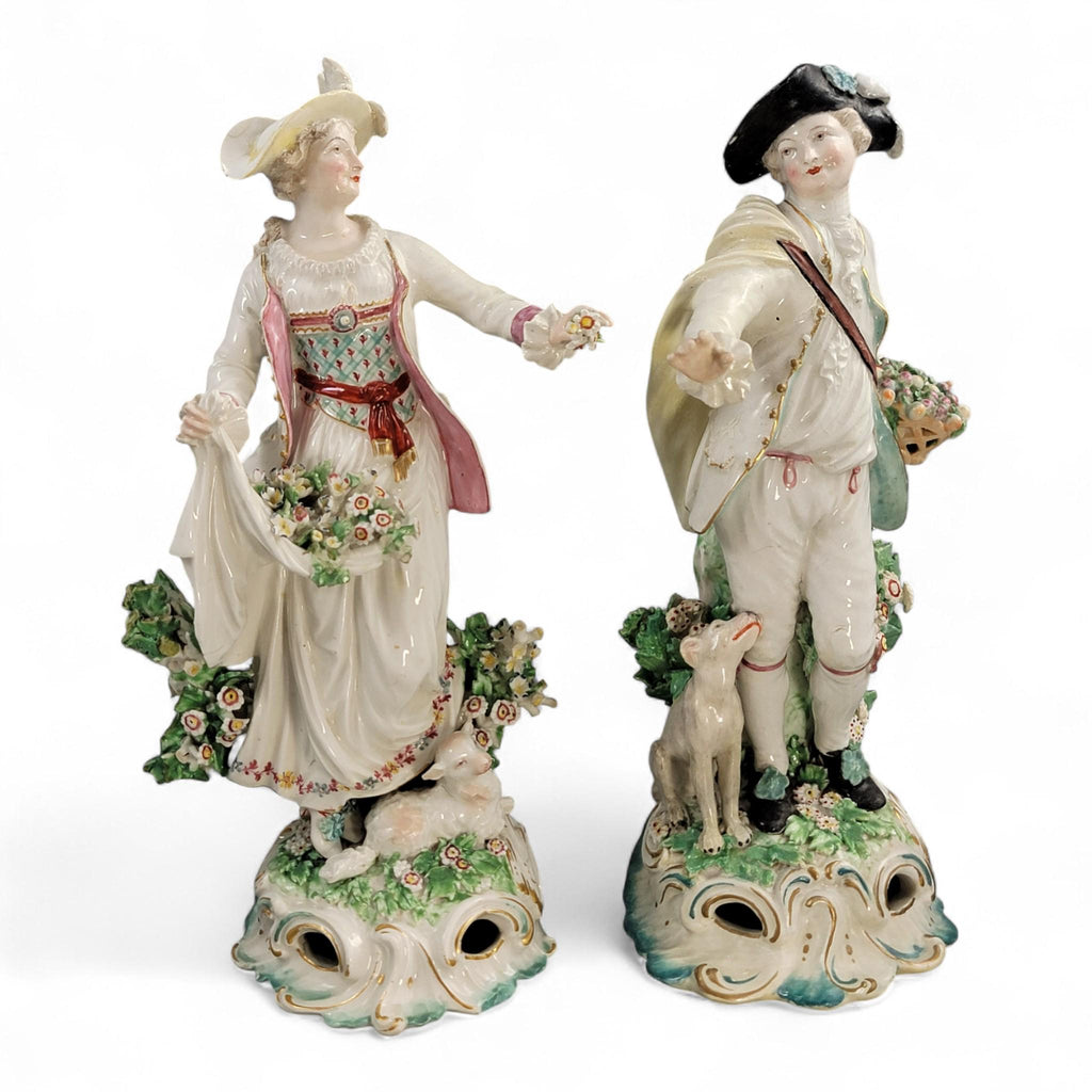 Rare Derby porcelain figures “Dresden Shepherds” c.1760 – William Duesbury, 18th century English rococo pair with lamb and dog