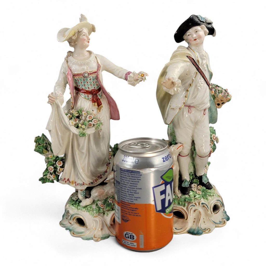Rare Derby porcelain figures “Dresden Shepherds” c.1760 – William Duesbury, 18th century English rococo pair with lamb and dog