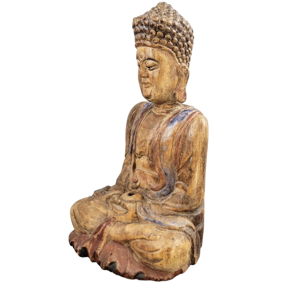 Chinese Temple Buddha, 19thC Wood, Fine Carving, Original Candle Hole