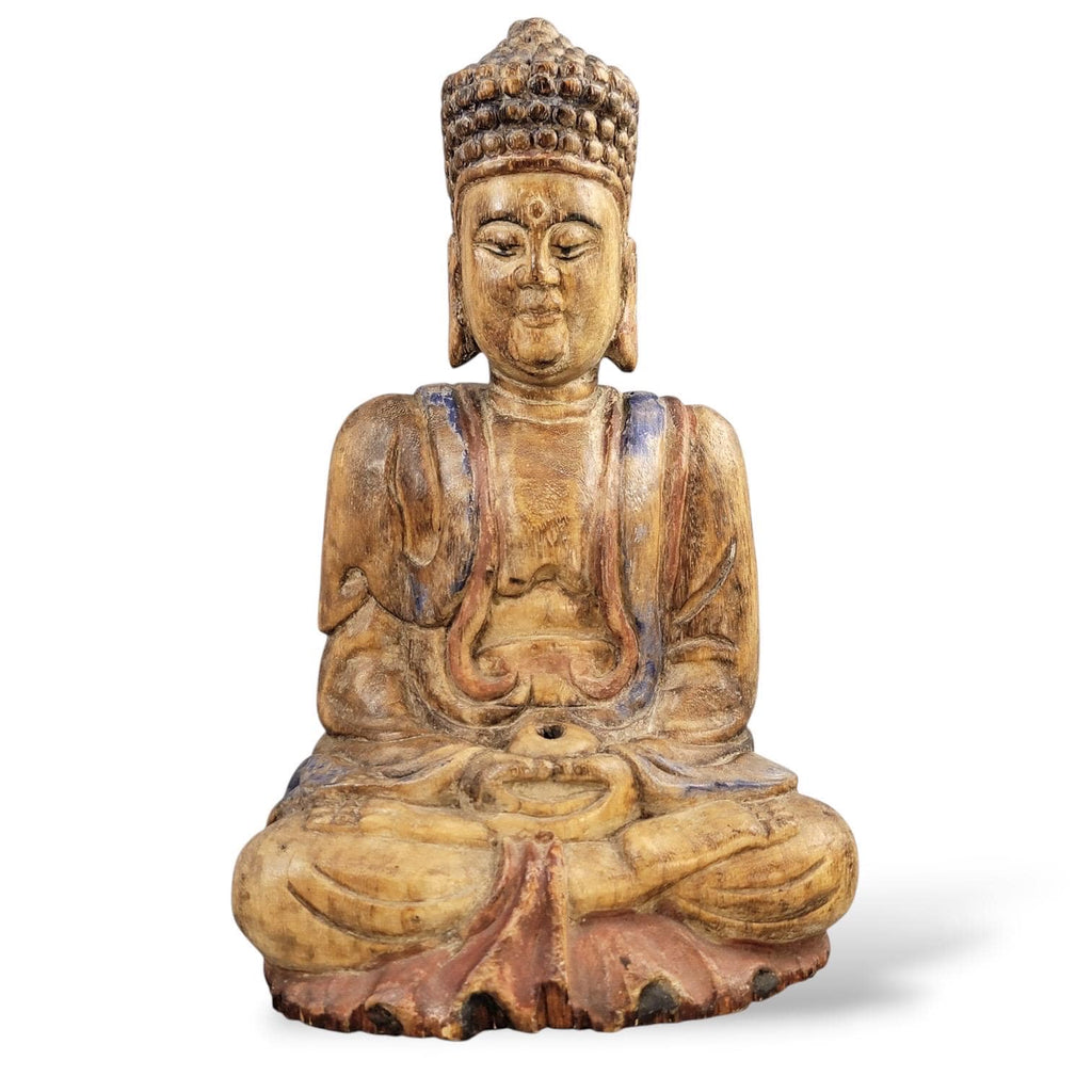 Chinese Temple Buddha, 19thC Wood, Fine Carving, Original Candle Hole