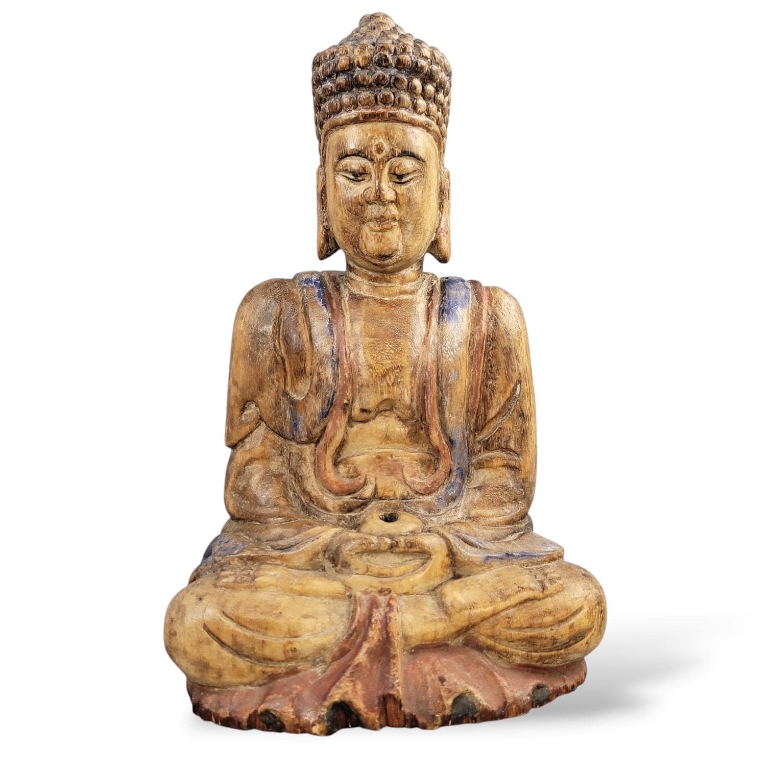Chinese Temple Buddha, 19thC Wood, Fine Carving, Original Candle Hole