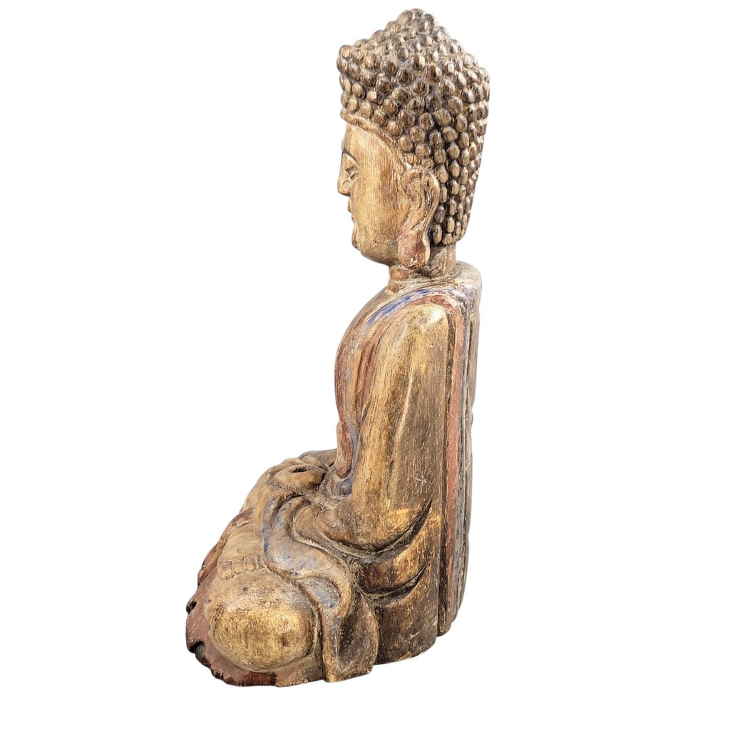 Chinese Temple Buddha, 19thC Wood, Fine Carving, Original Candle Hole