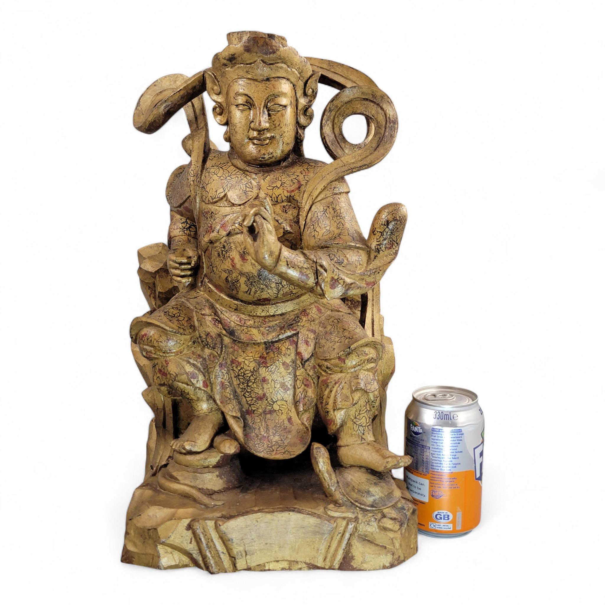19th-C Chinese Gilt Wood Temple Guardian (Zhenwu) — 40.5 cm