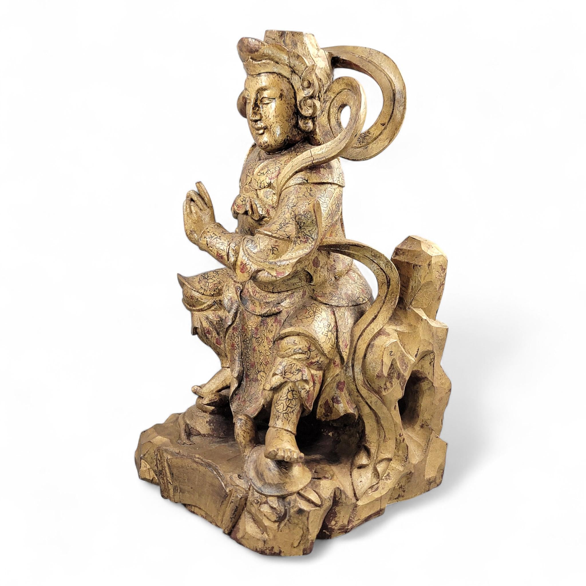 19th-C Chinese Gilt Wood Temple Guardian (Zhenwu) — 40.5 cm