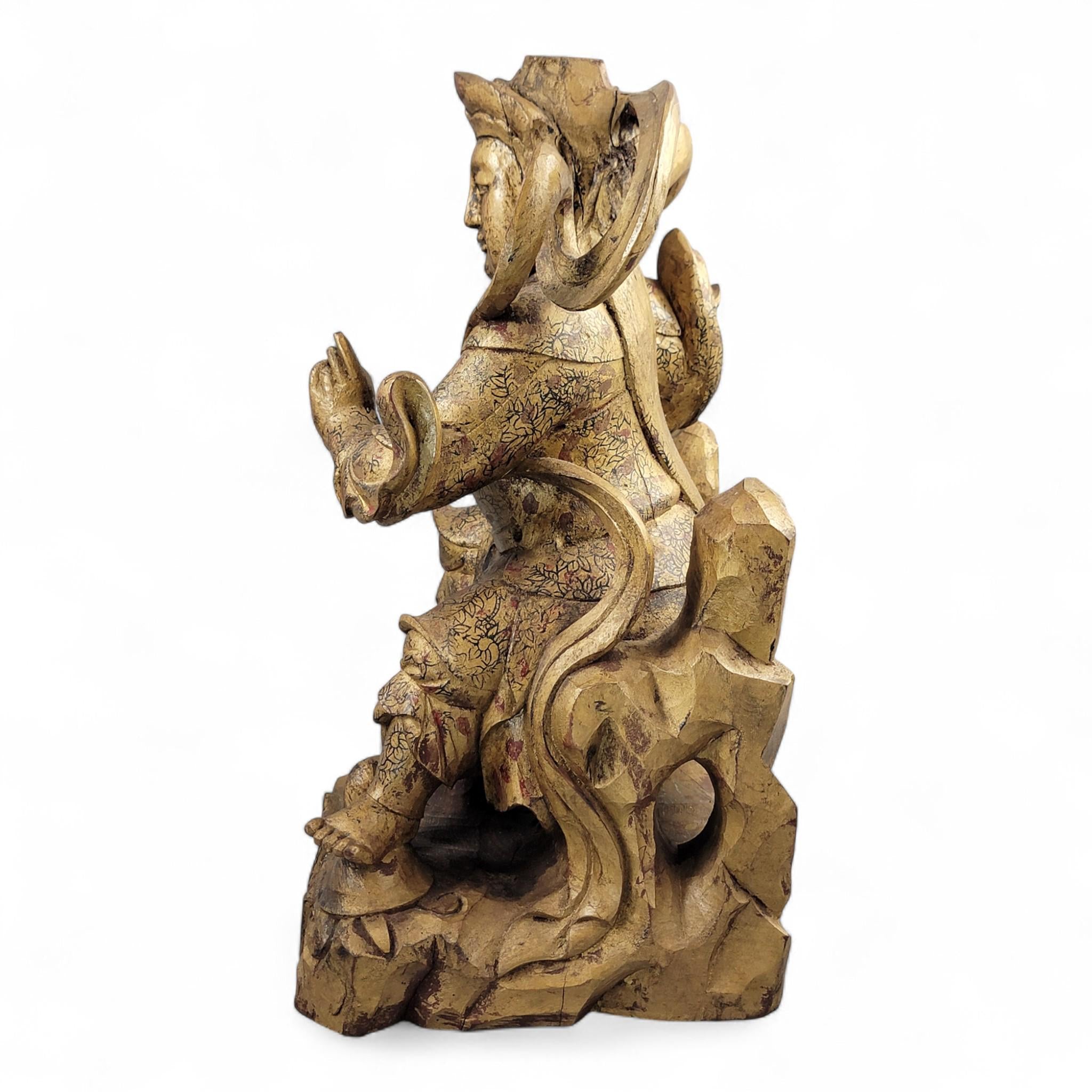 19th-C Chinese Gilt Wood Temple Guardian (Zhenwu) — 40.5 cm