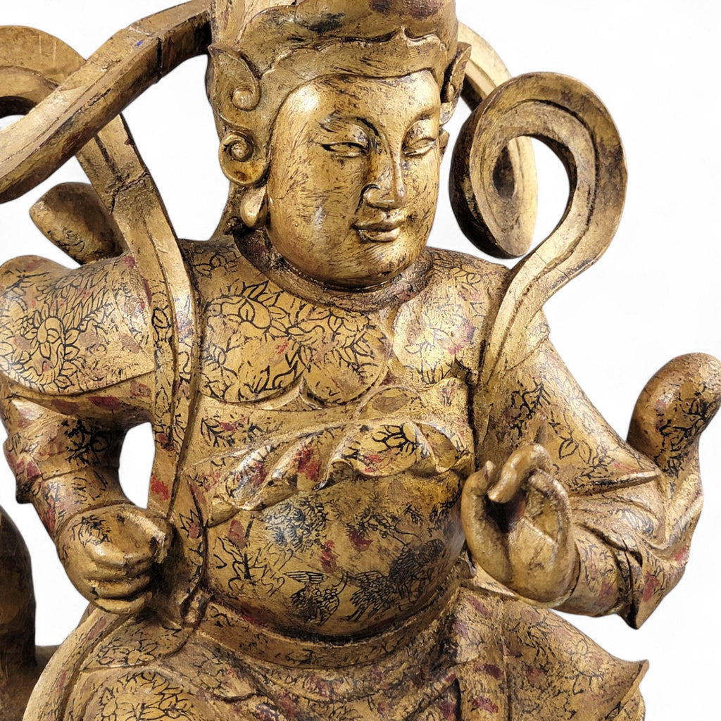 19th-C Chinese Gilt Wood Temple Guardian (Zhenwu) — 40.5 cm