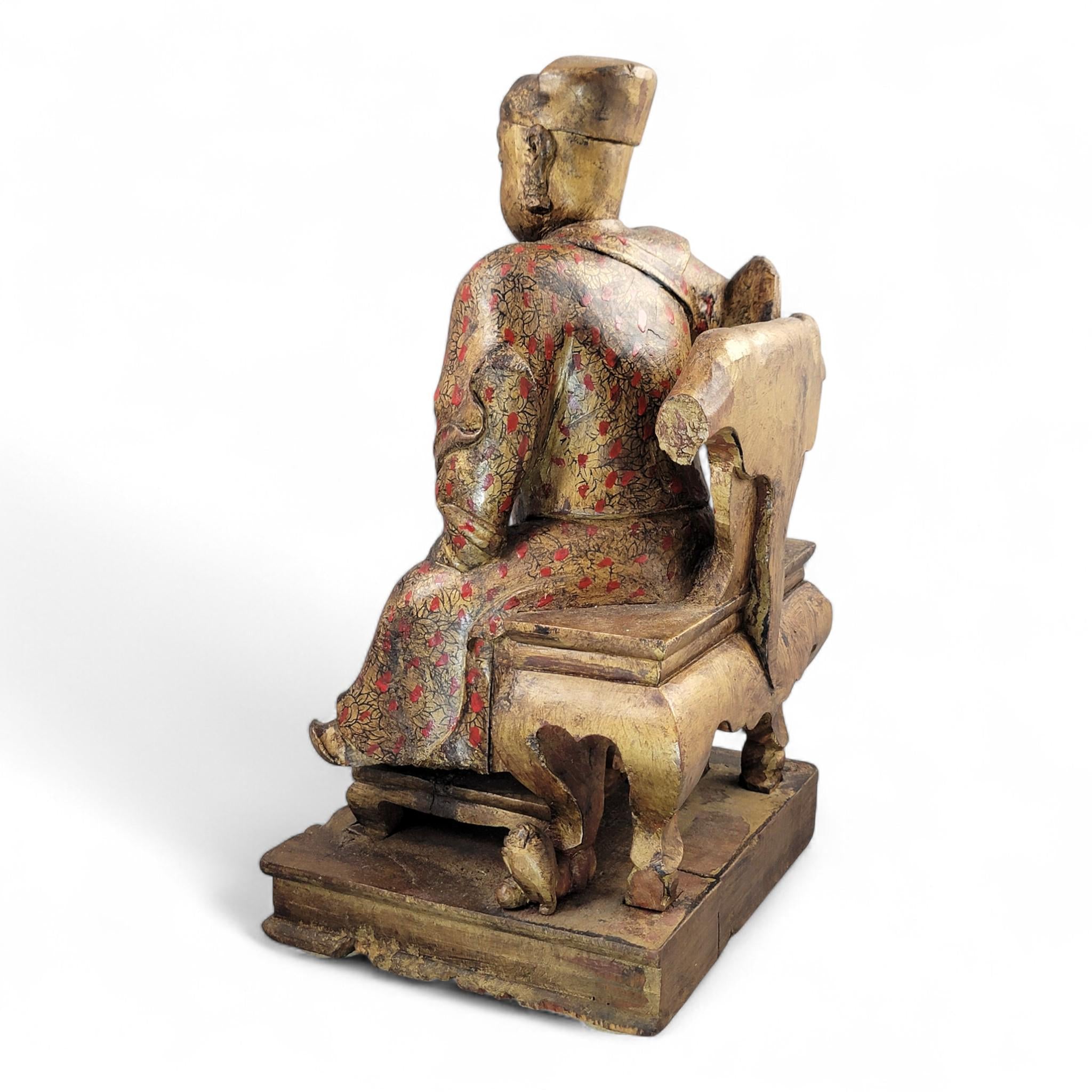 Early Chinese Temple Figure in Gilt & Polychrome, Seated Civil Official, South China c.1650