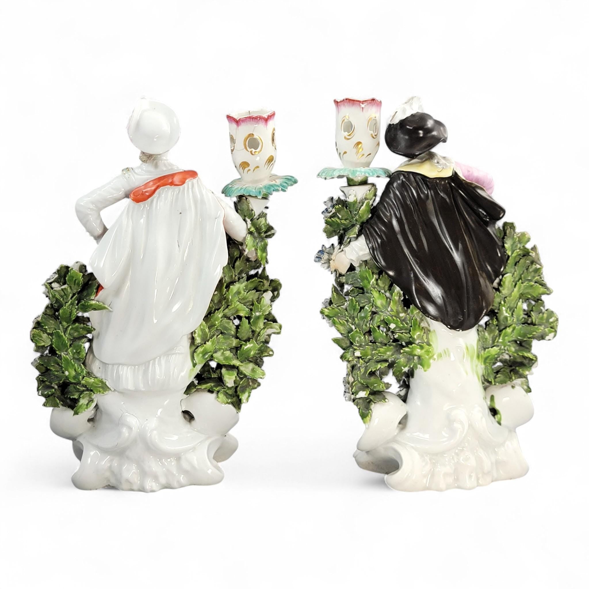 Rare Derby Porcelain Candlestick Figures “Ranelagh Dancers” Pair, Complete with Floral Bocage and Original Sconces, c.1760