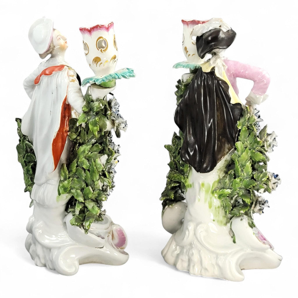 Rare Derby Porcelain Candlestick Figures “Ranelagh Dancers” Pair, Complete with Floral Bocage and Original Sconces, c.1760