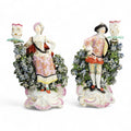 Rare Derby Porcelain Candlestick Figures “Ranelagh Dancers” Pair, Complete with Floral Bocage and Original Sconces, c.1760