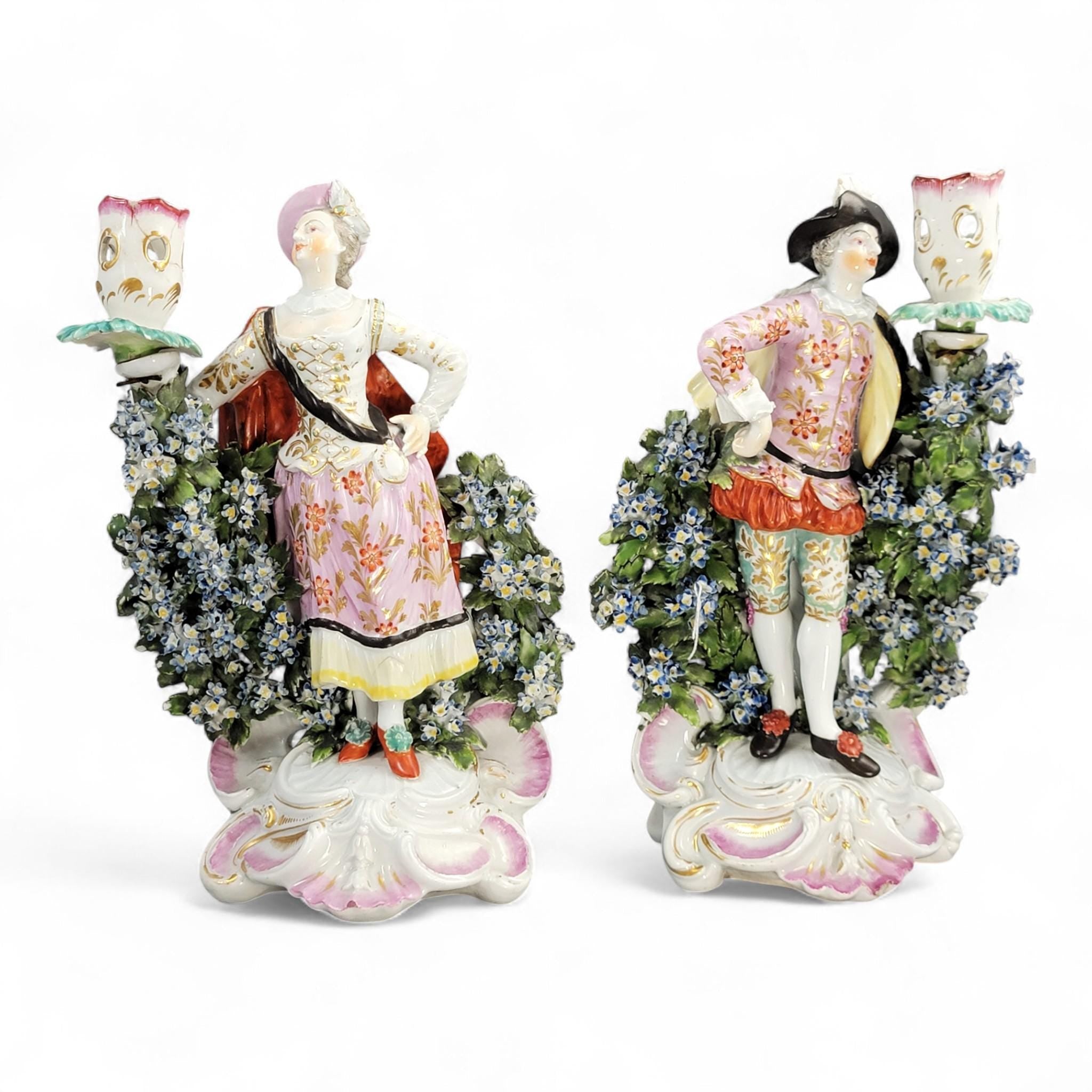 Rare Derby Porcelain Candlestick Figures “Ranelagh Dancers” Pair, Complete with Floral Bocage and Original Sconces, c.1760