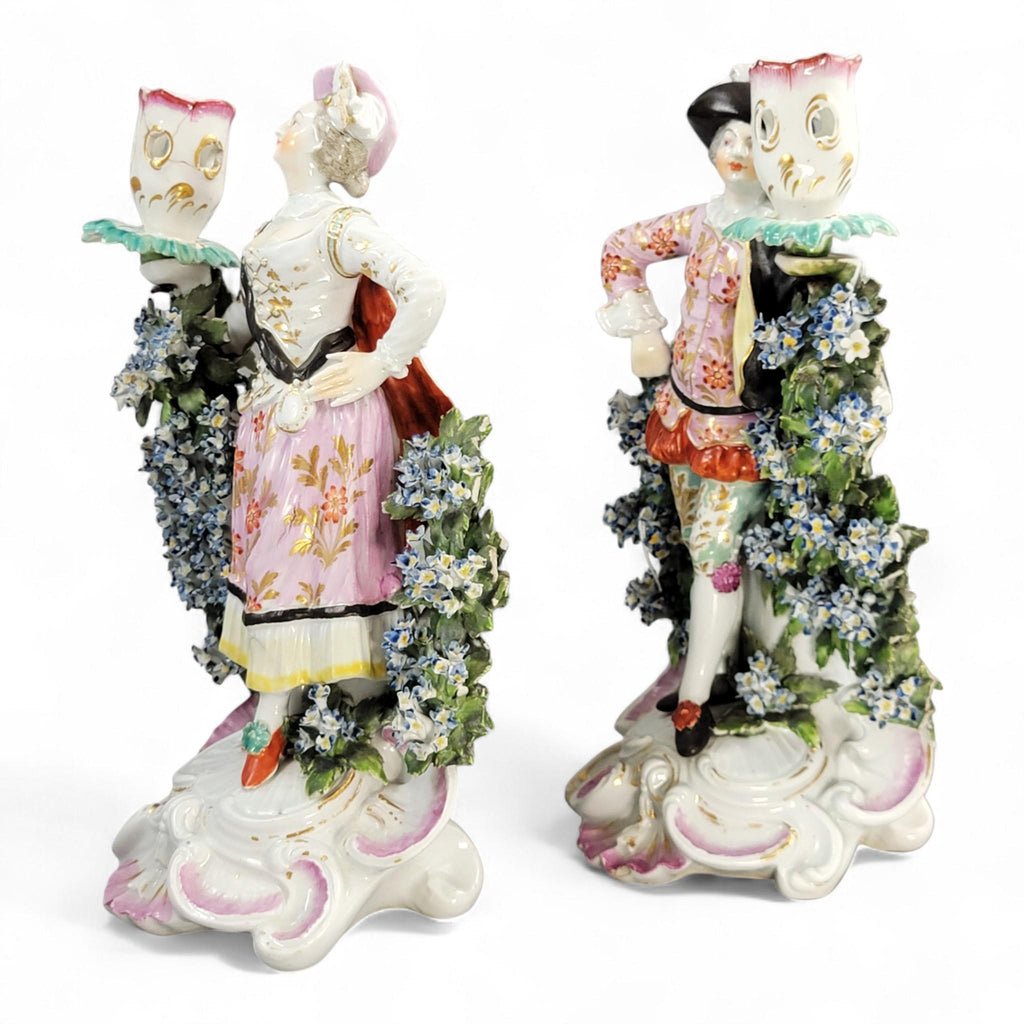 Rare Derby Porcelain Candlestick Figures “Ranelagh Dancers” Pair, Complete with Floral Bocage and Original Sconces, c.1760