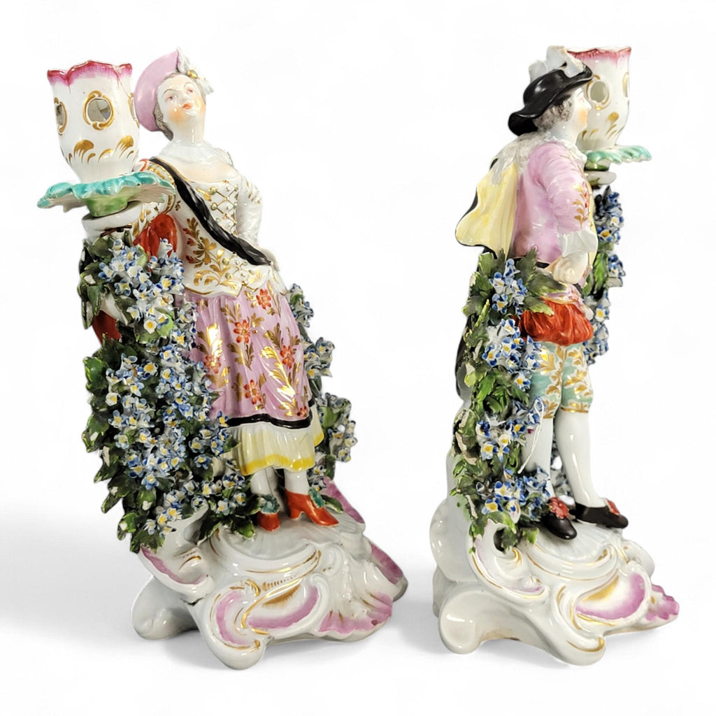 Rare Derby Porcelain Candlestick Figures “Ranelagh Dancers” Pair, Complete with Floral Bocage and Original Sconces, c.1760