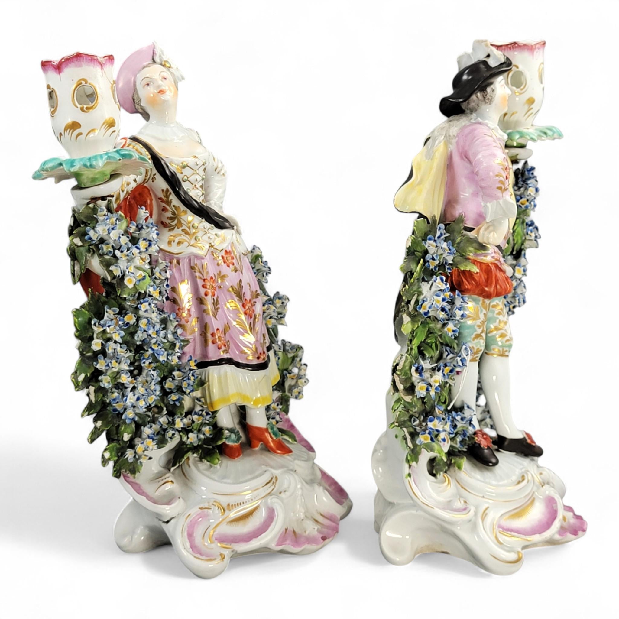 Rare Derby Porcelain Candlestick Figures “Ranelagh Dancers” Pair, Complete with Floral Bocage and Original Sconces, c.1760