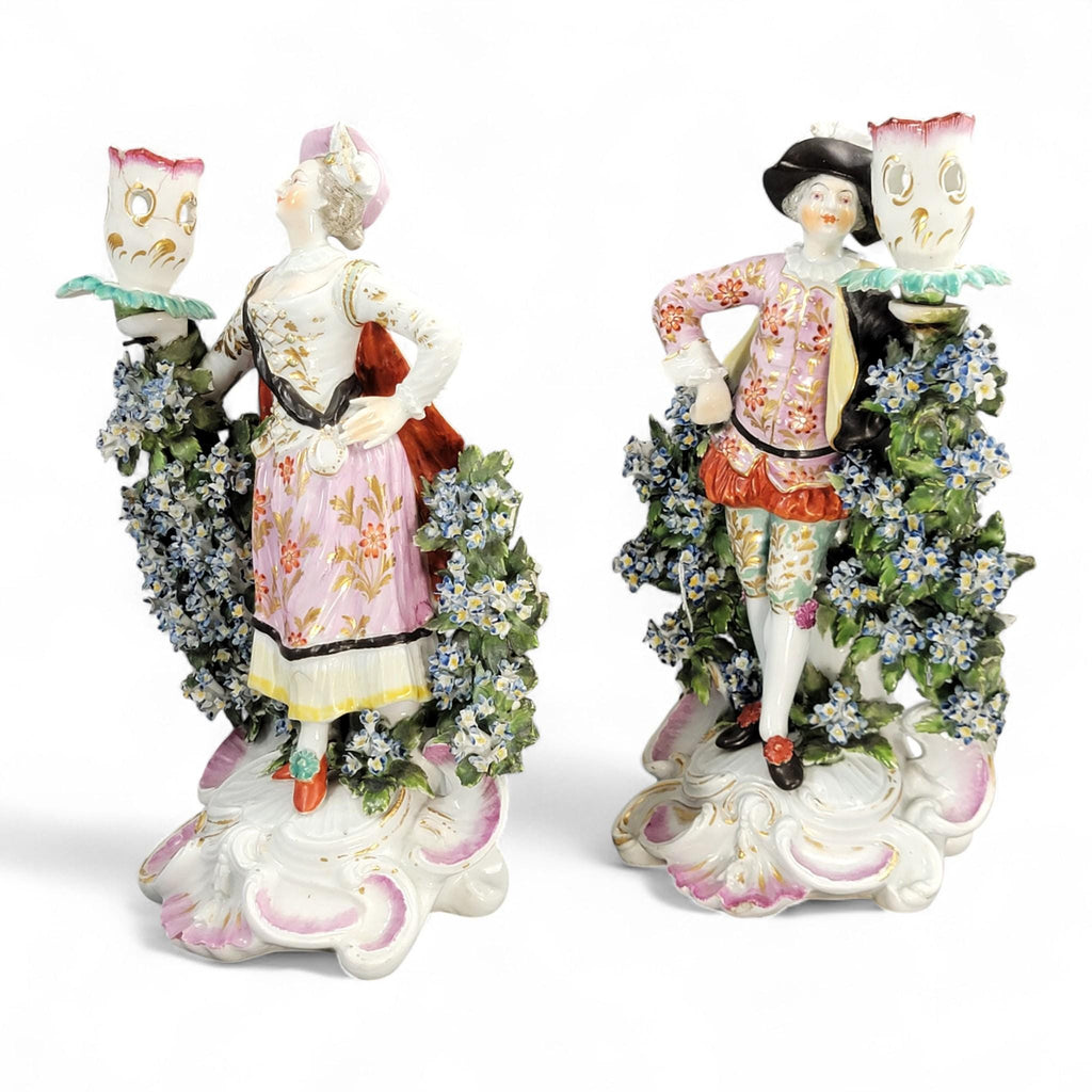 Rare Derby Porcelain Candlestick Figures “Ranelagh Dancers” Pair, Complete with Floral Bocage and Original Sconces, c.1760